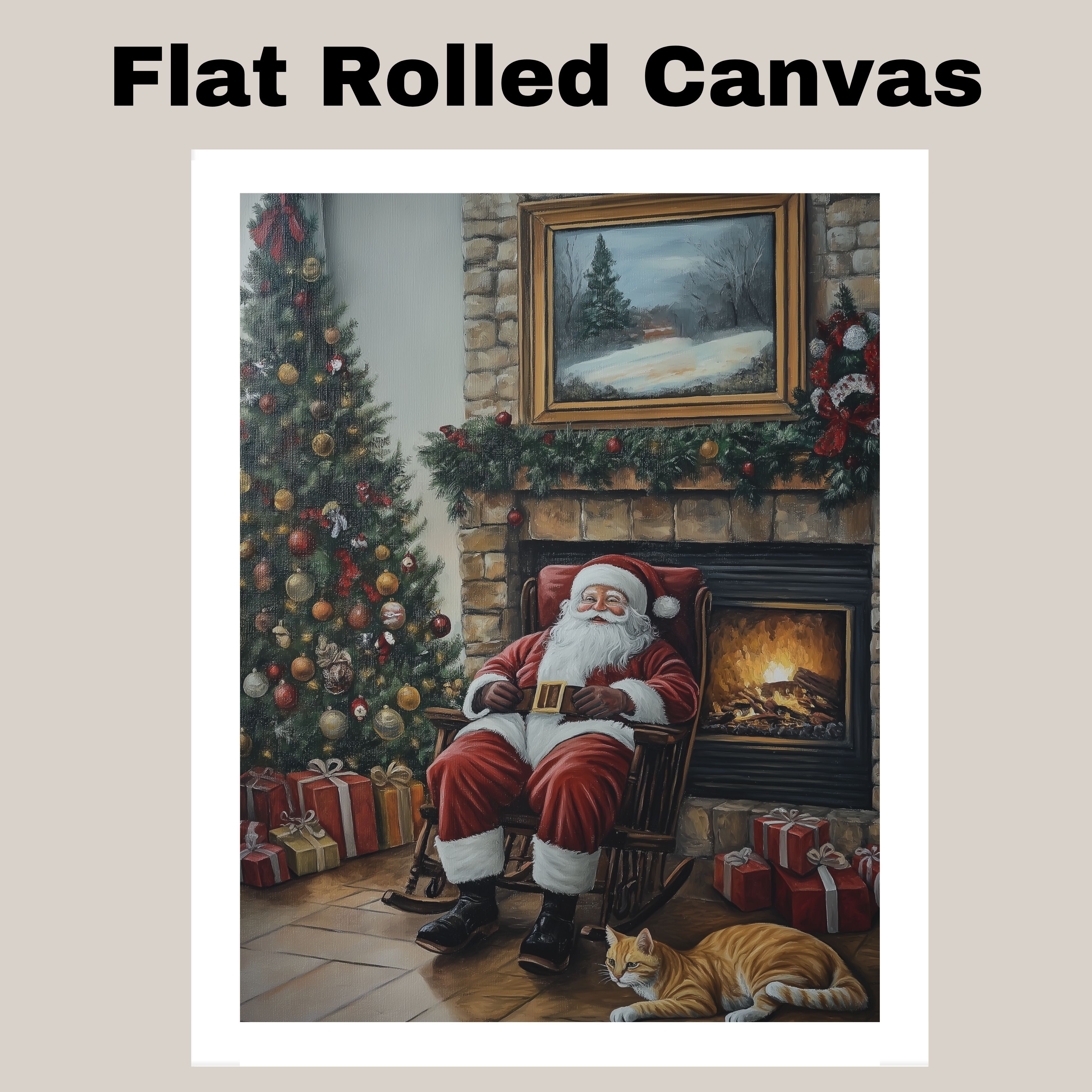 Santa by Fireplace with Cat Christmas Art Flat Rolled, Framed or Wrapped Canvas
