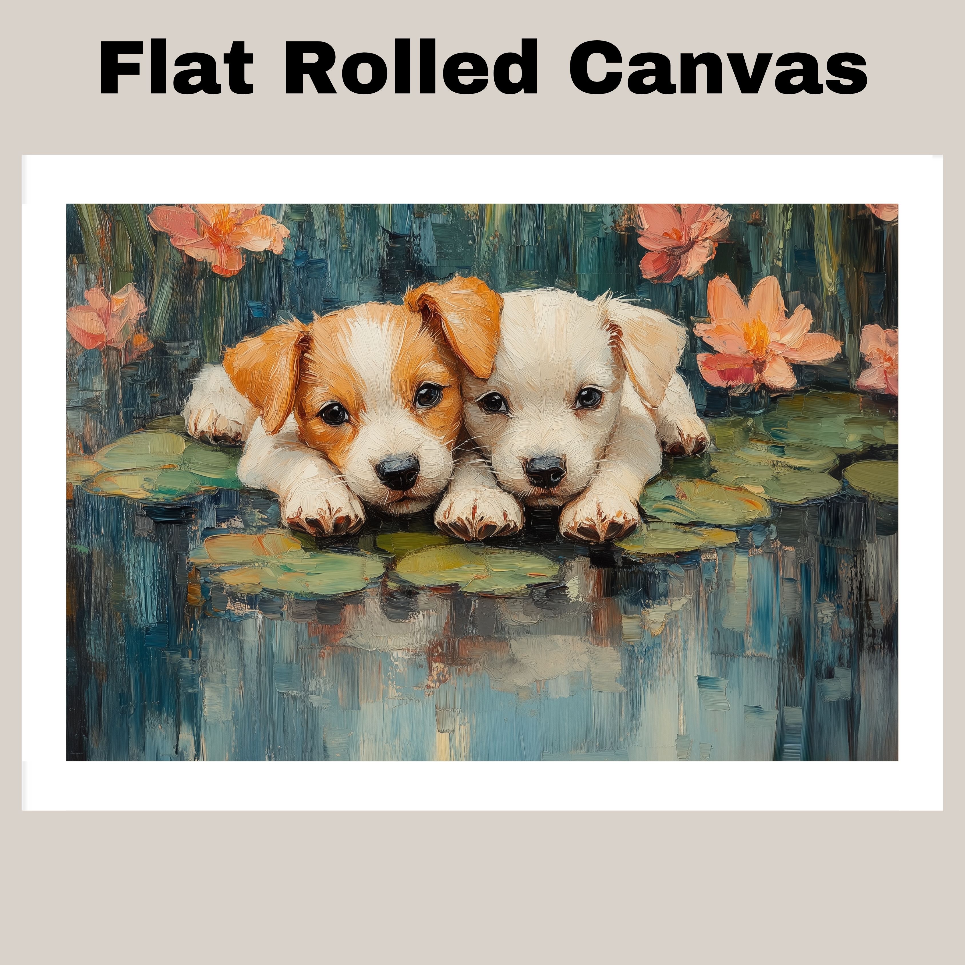 Impressionist Puppies on Lily Pads Print Flat Rolled, Framed or Wrapped Canvas