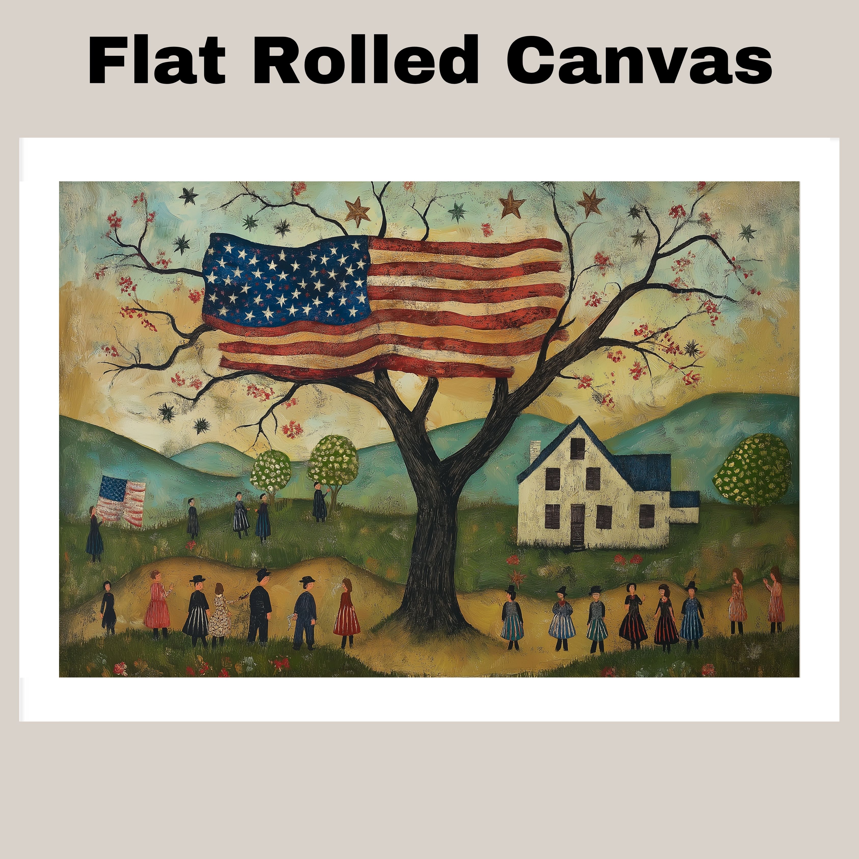 Folk Art 4th of July Parade Art with Flag Flat Rolled, Framed or Wrapped Canvas
