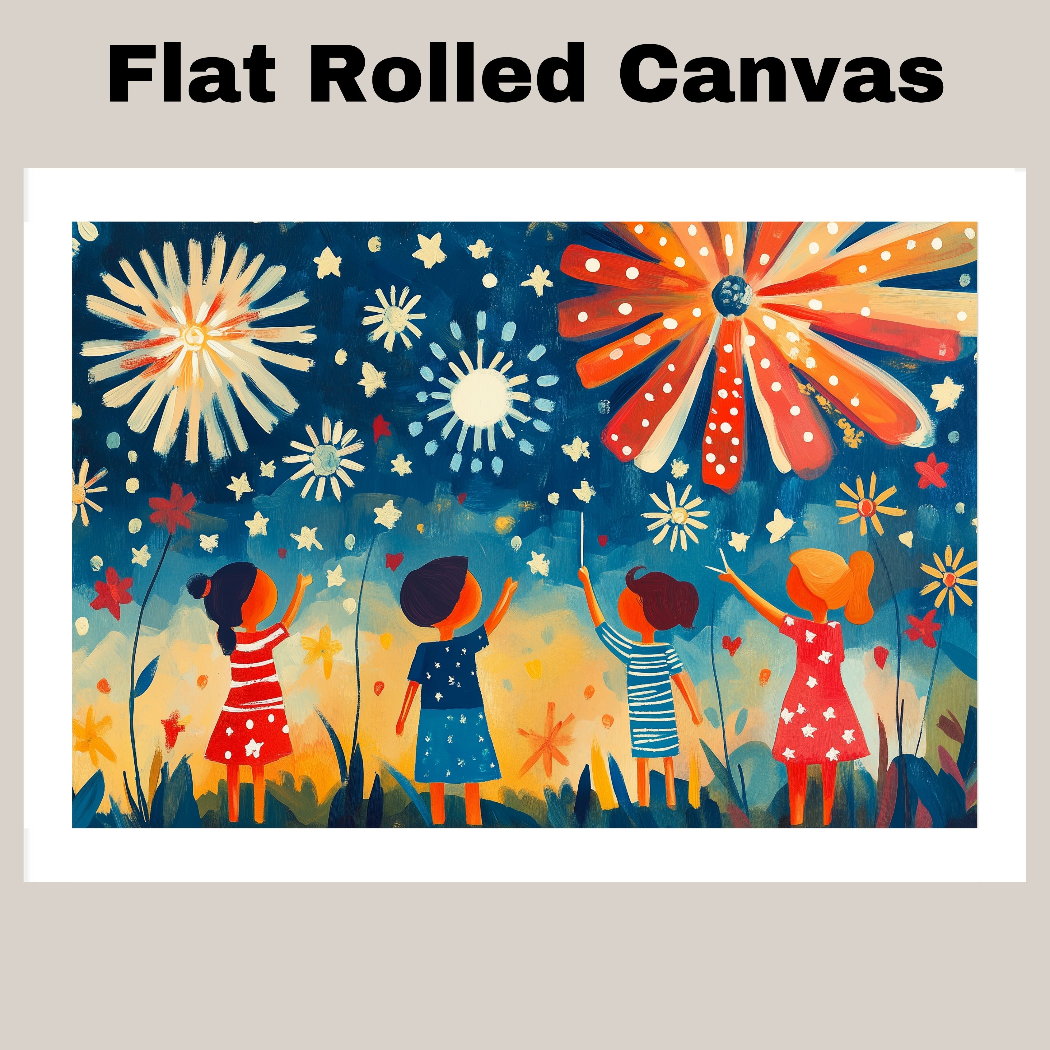 4th of July Fireworks Art with Children Flat Rolled, Framed or Wrapped Canvas