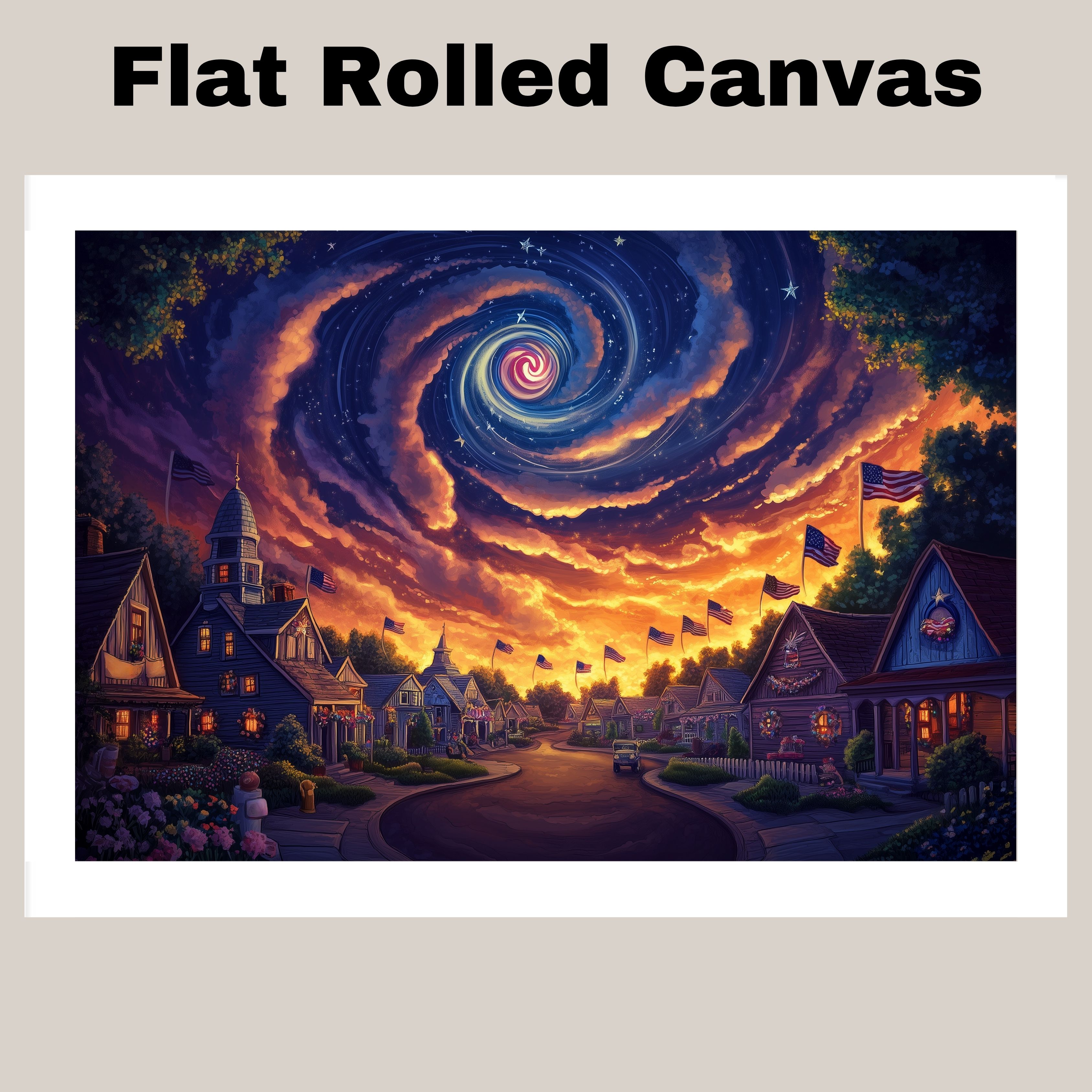 4th of July Village Art with Swirling Sky Flat Rolled, Framed or Wrapped Canvas