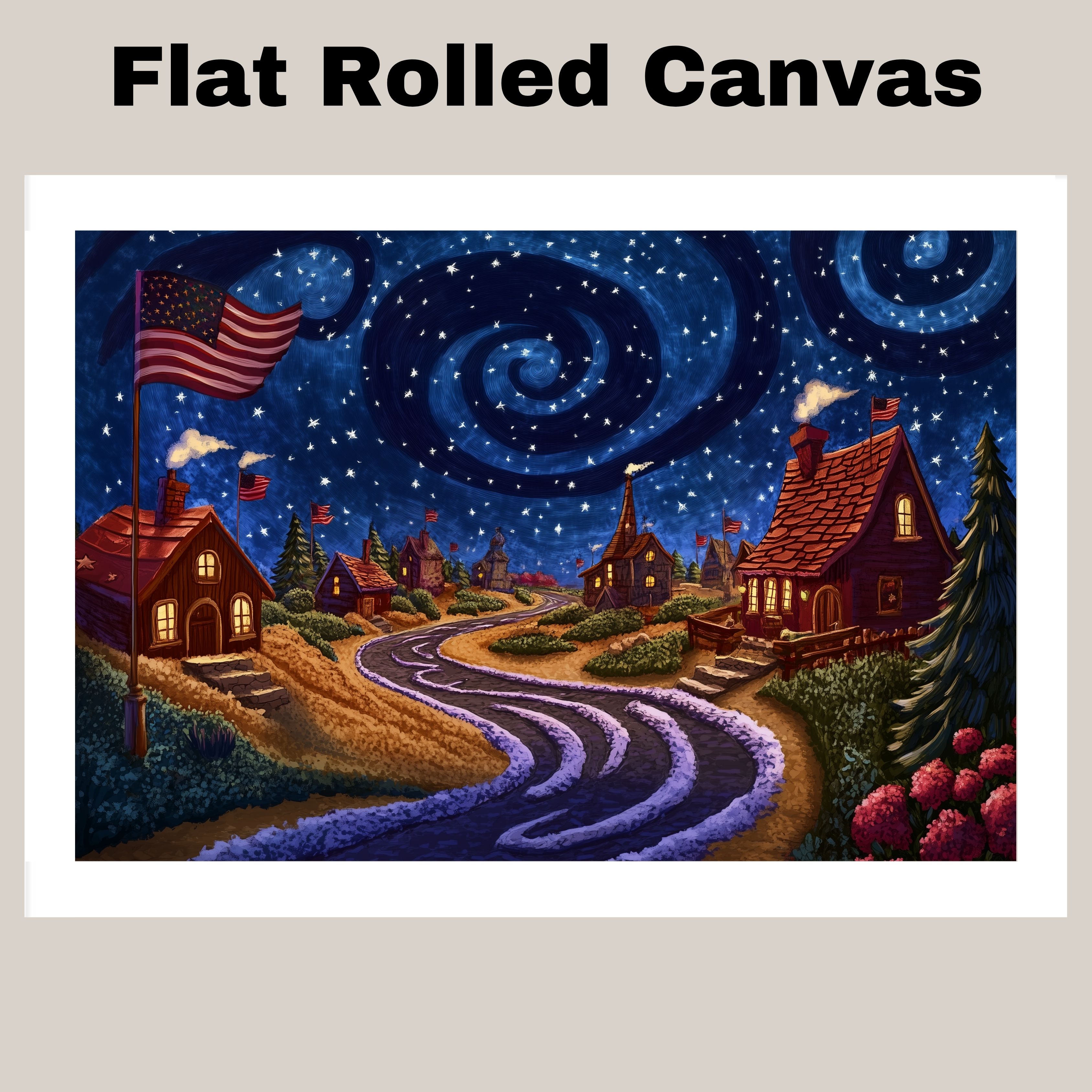 4th of July Village Art with Starry Sky Flat Rolled, Framed or Wrapped Canvas