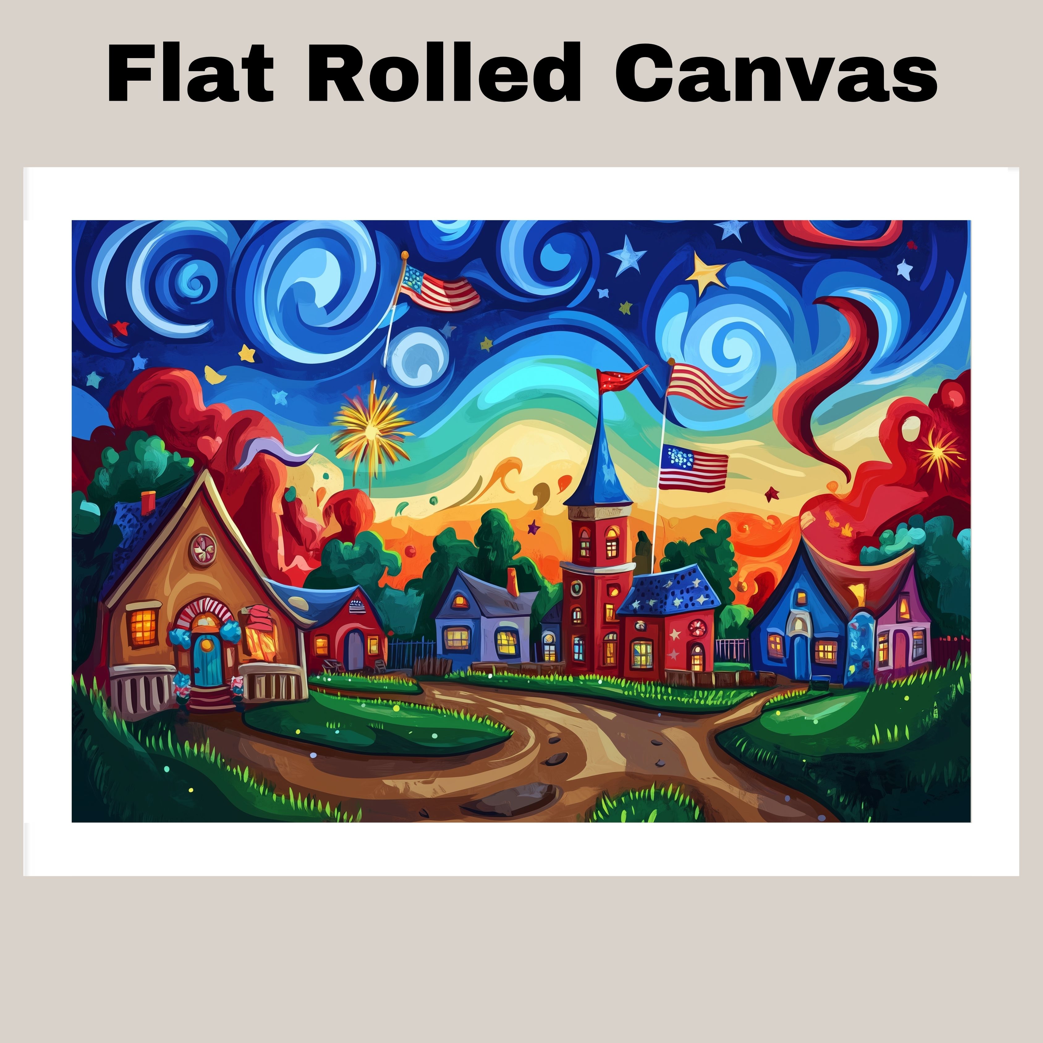 Village 4th of July Art with Fireworks Flat Rolled, Framed or Wrapped Canvas