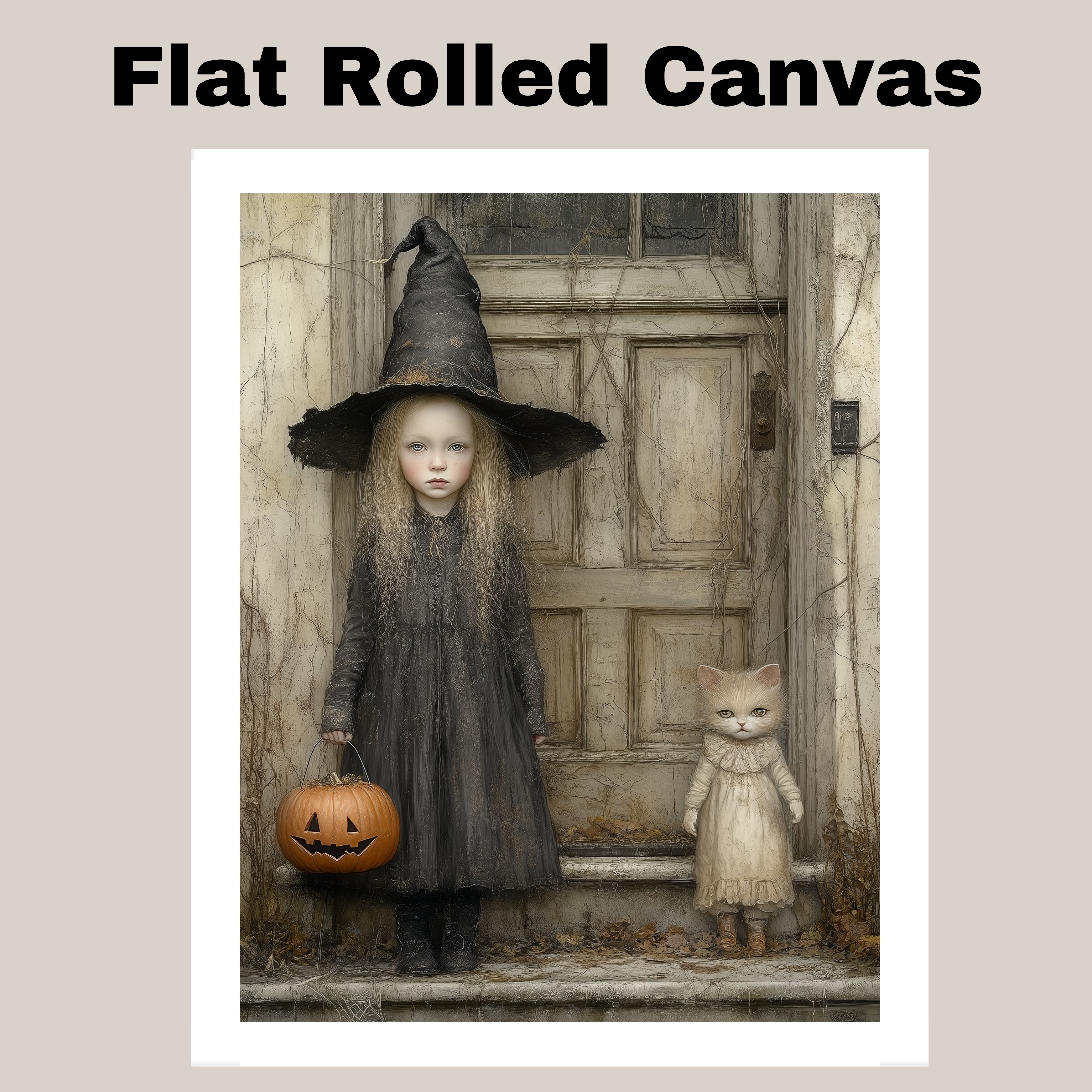 Halloween Witch Girl Cat Art in Vintage Flat Rolled, Framed or Wrapped Canvas