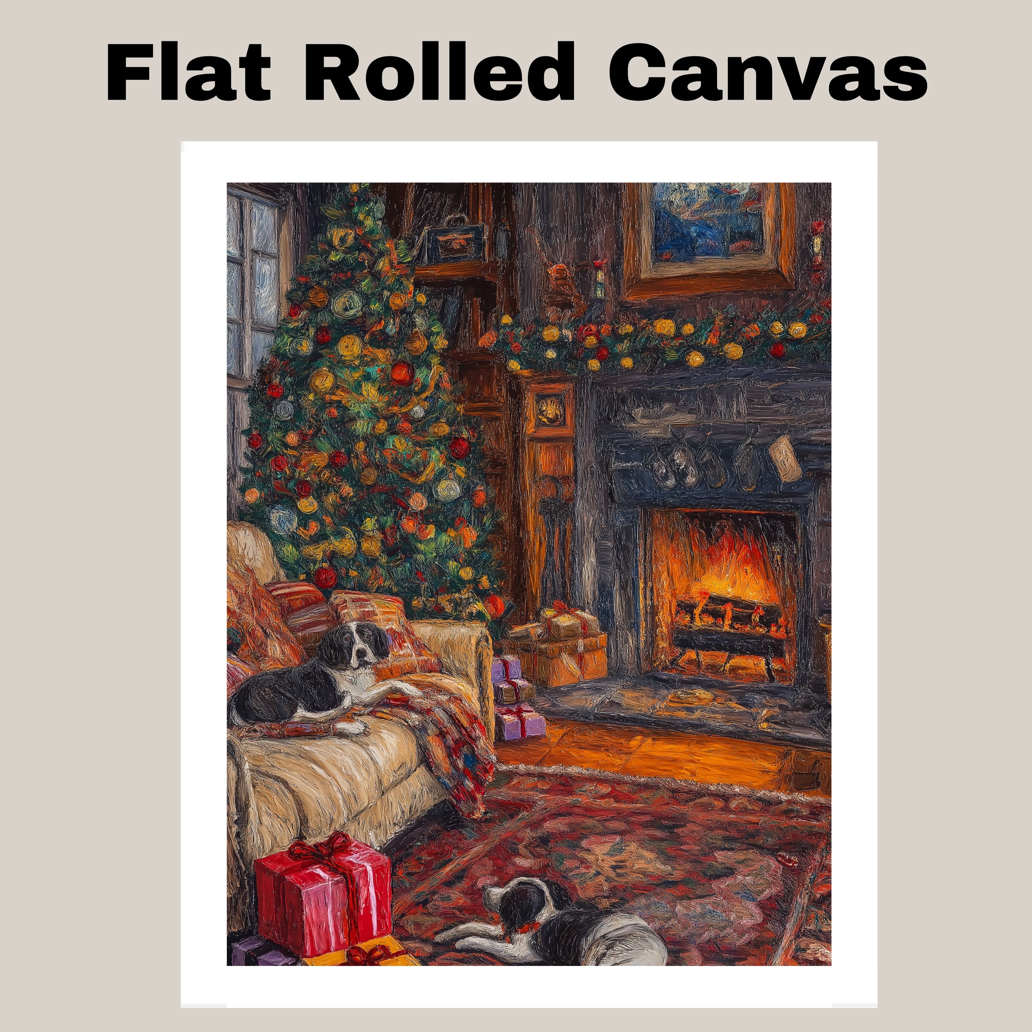 Christmas Living Room Decor with Puppies Flat Rolled, Framed or Wrapped Canvas