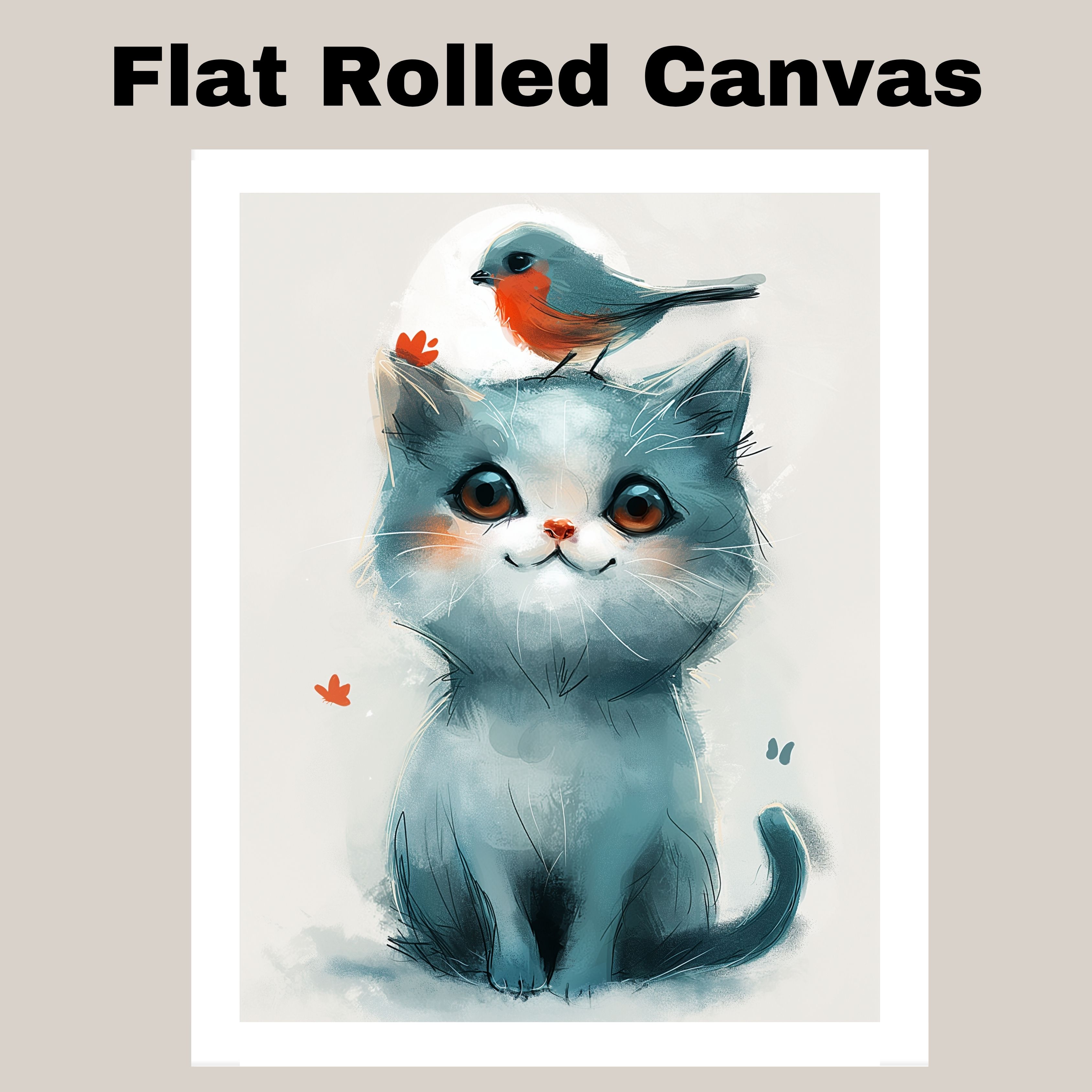 Blue Cat with Bird Art for Kids Room Flat Rolled, Framed or Wrapped Canvas