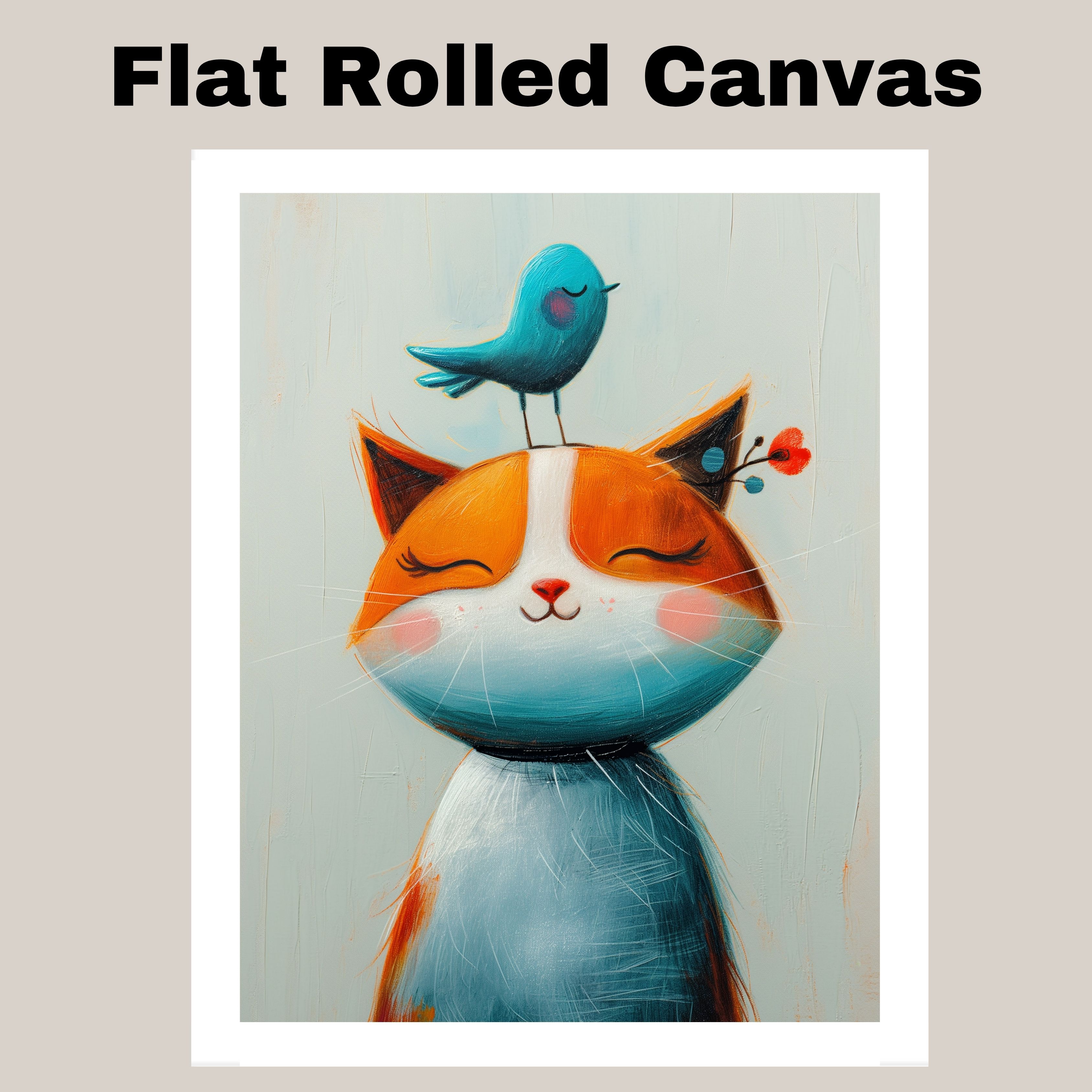 Cat with Bird Art for Kids Room or Nursery Flat Rolled, Framed or Wrapped Canvas