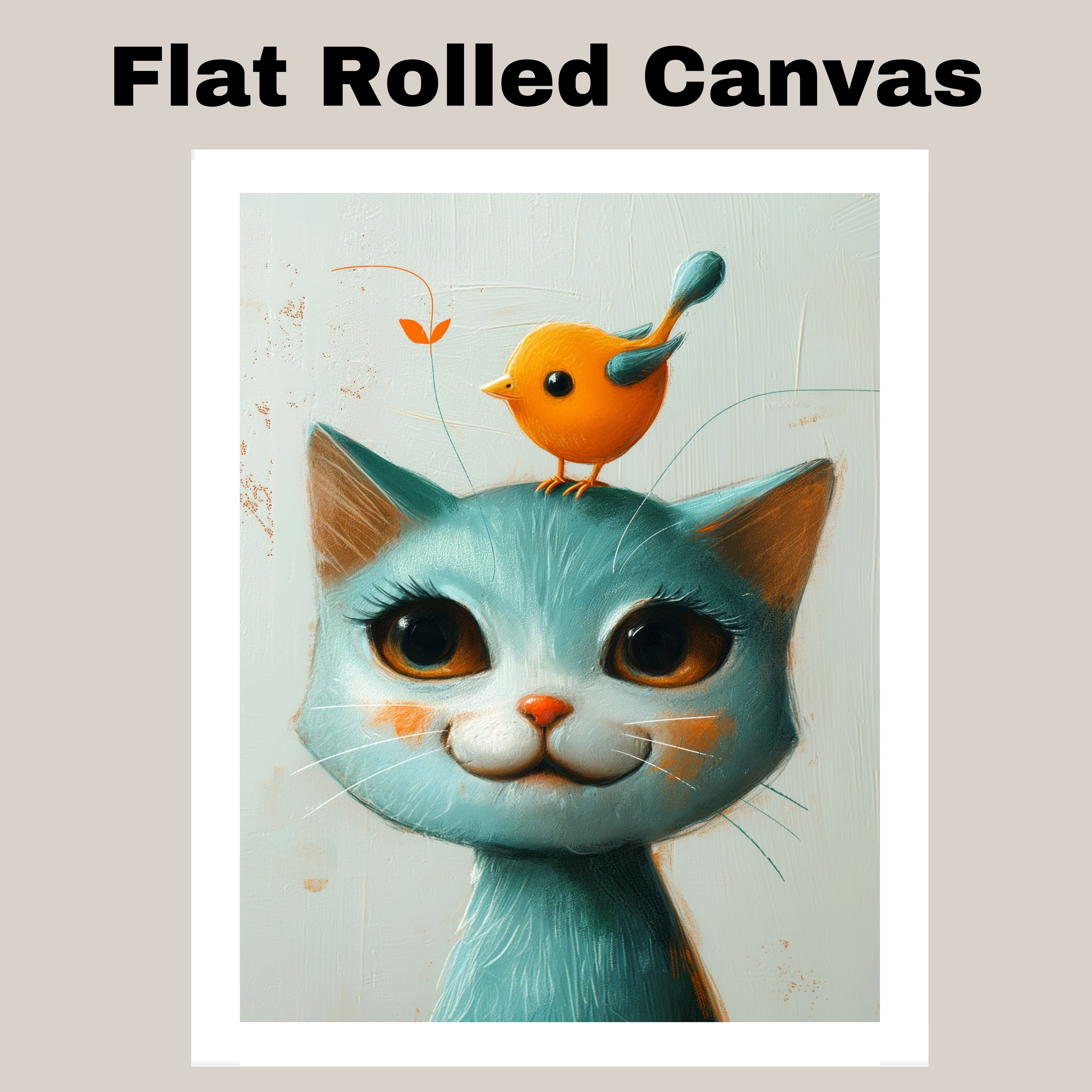 Cat and Yellow Bird for Kids Room Flat Rolled, Framed or Wrapped Canvas