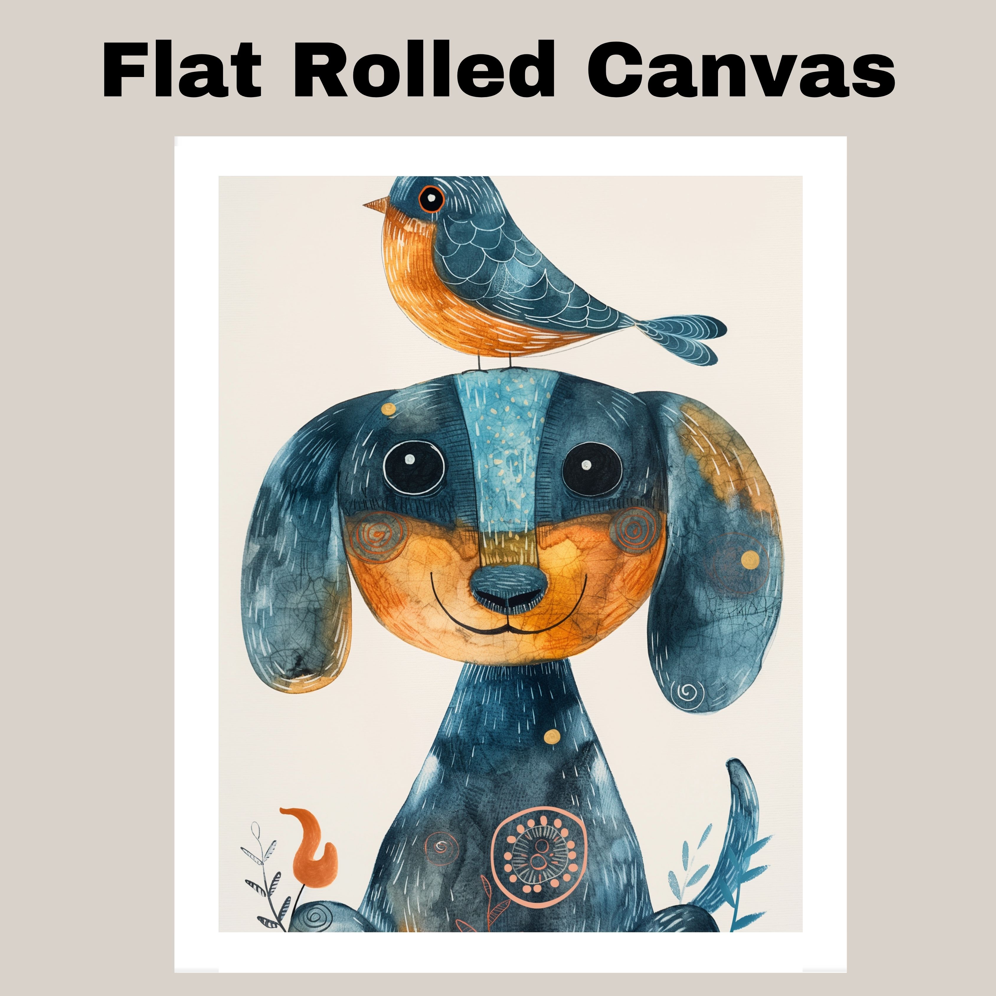 Dachshund Dog with Bird Art for Kids Room Flat Rolled, Framed or Wrapped Canvas - Picture 18 of 19