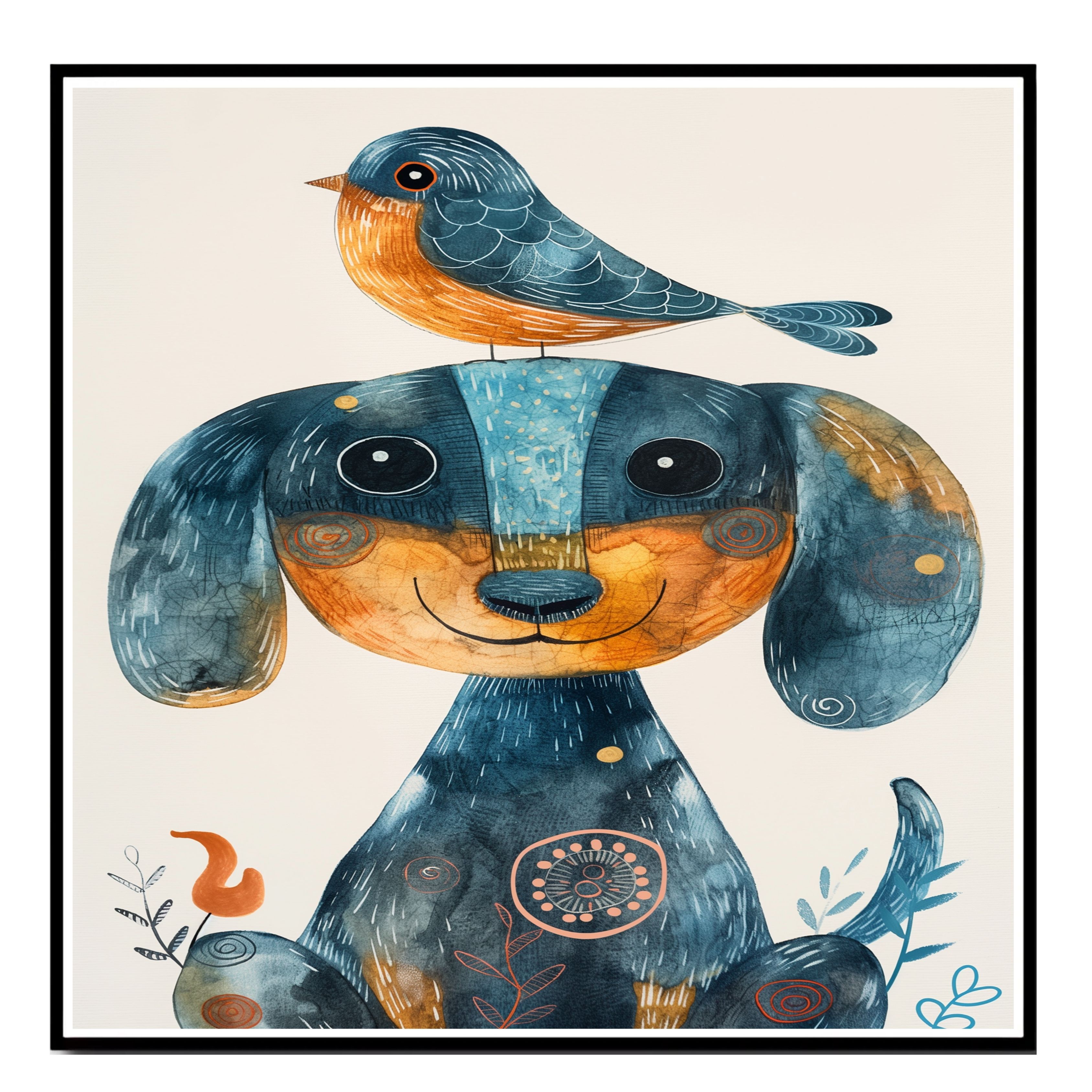 Dachshund Dog with Bird Art for Kids Room Flat Rolled, Framed or Wrapped Canvas - Picture 15 of 19