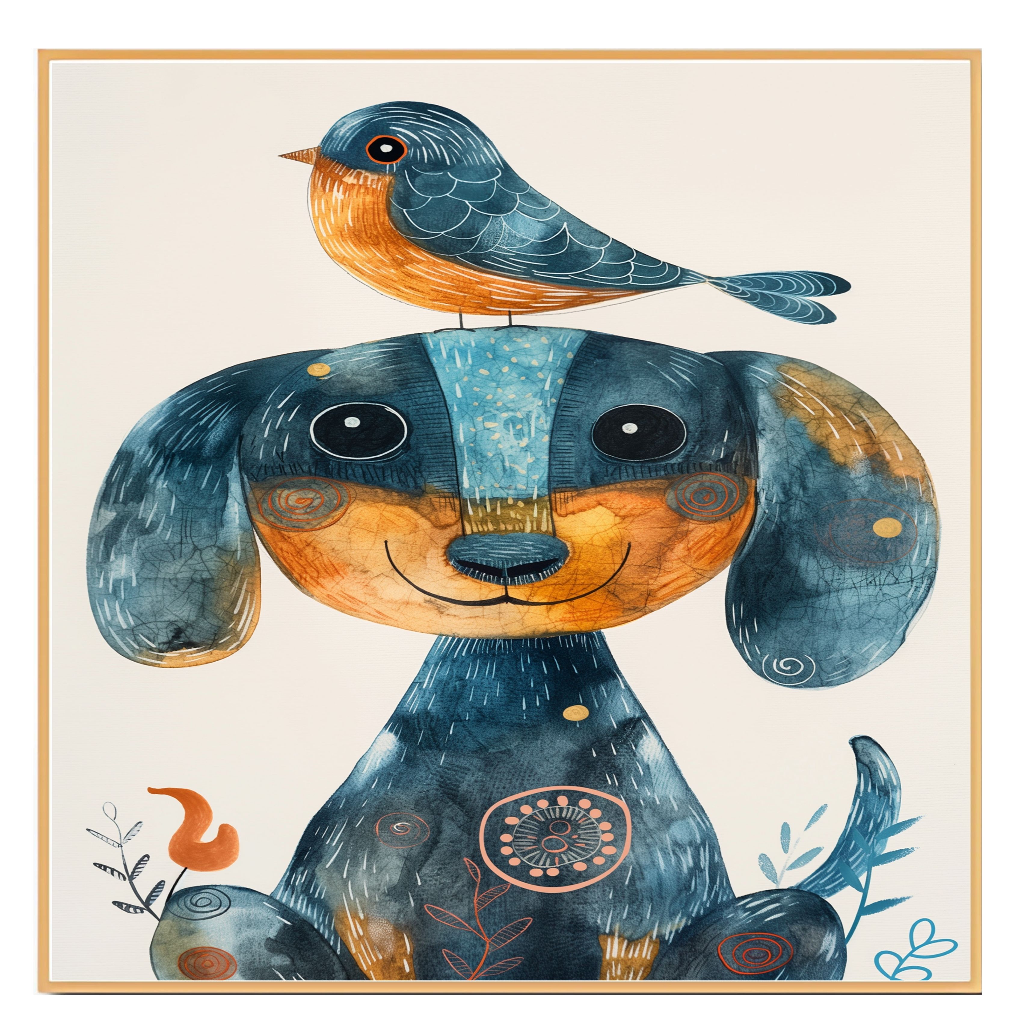 Dachshund Dog with Bird Art for Kids Room Flat Rolled, Framed or Wrapped Canvas - Picture 17 of 19