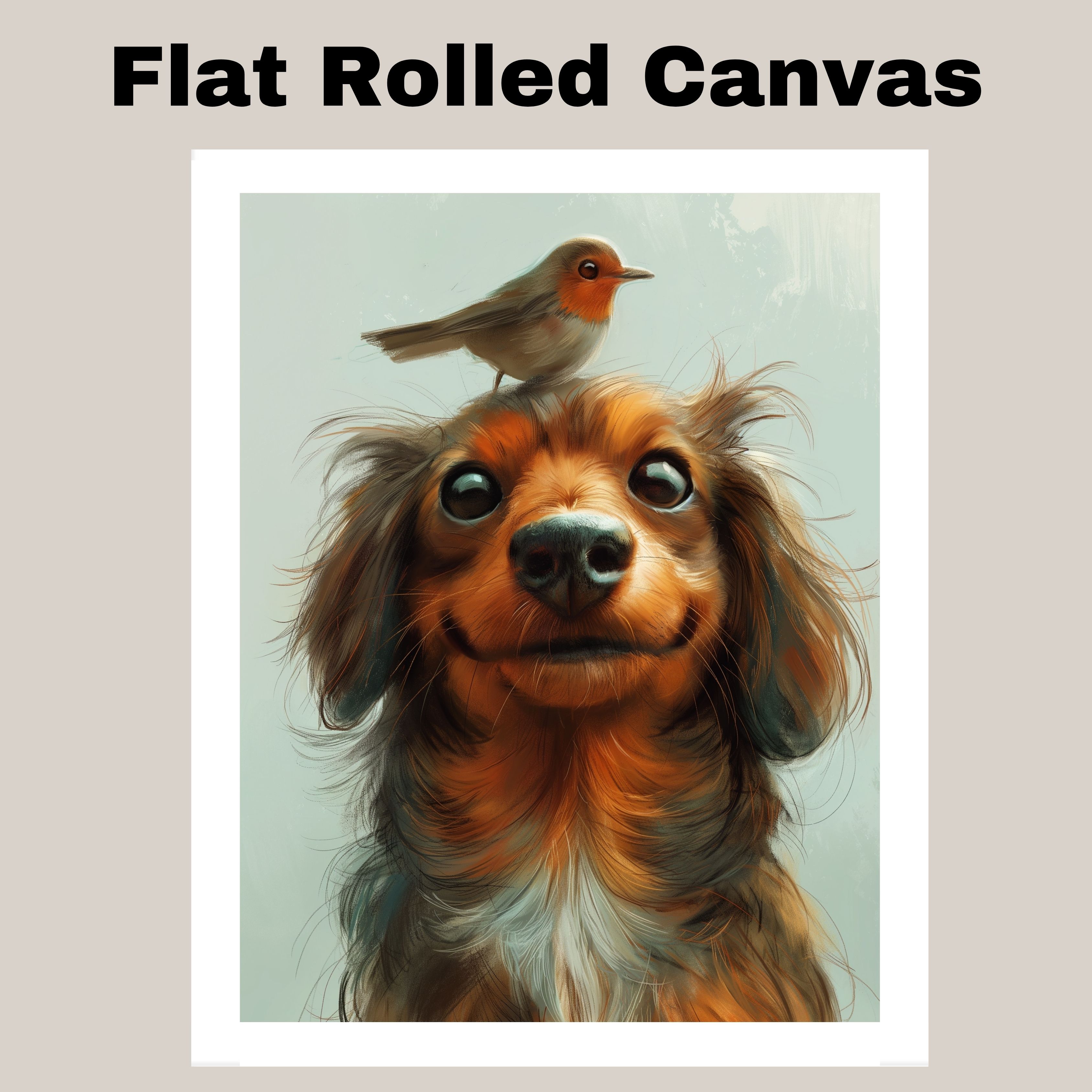Dachshund Dog with Bird Art Kids Room Flat Rolled, Framed or Wrapped Canvas