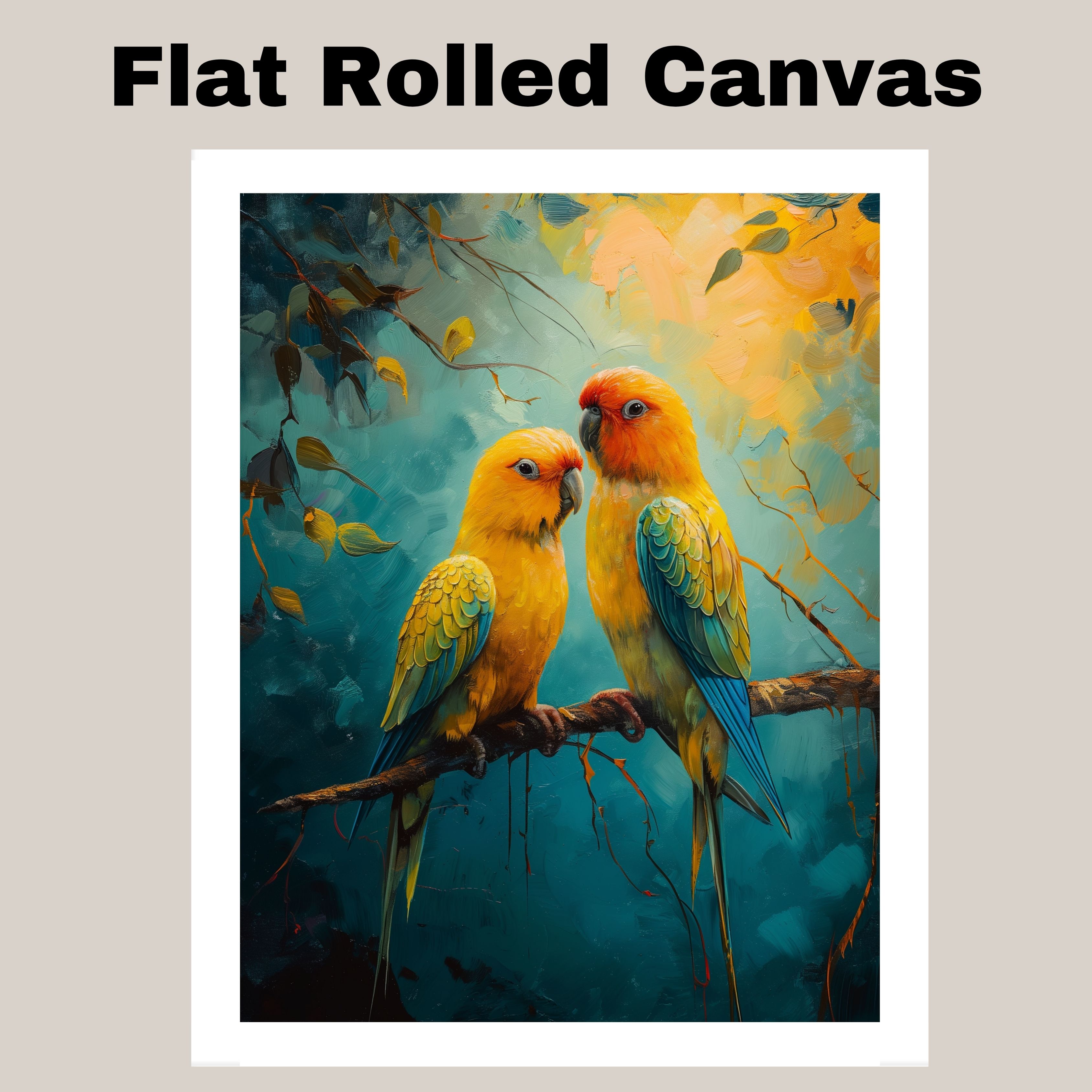 Golden Lovebirds Art with Tropical Hues Flat Rolled, Framed or Wrapped Canvas