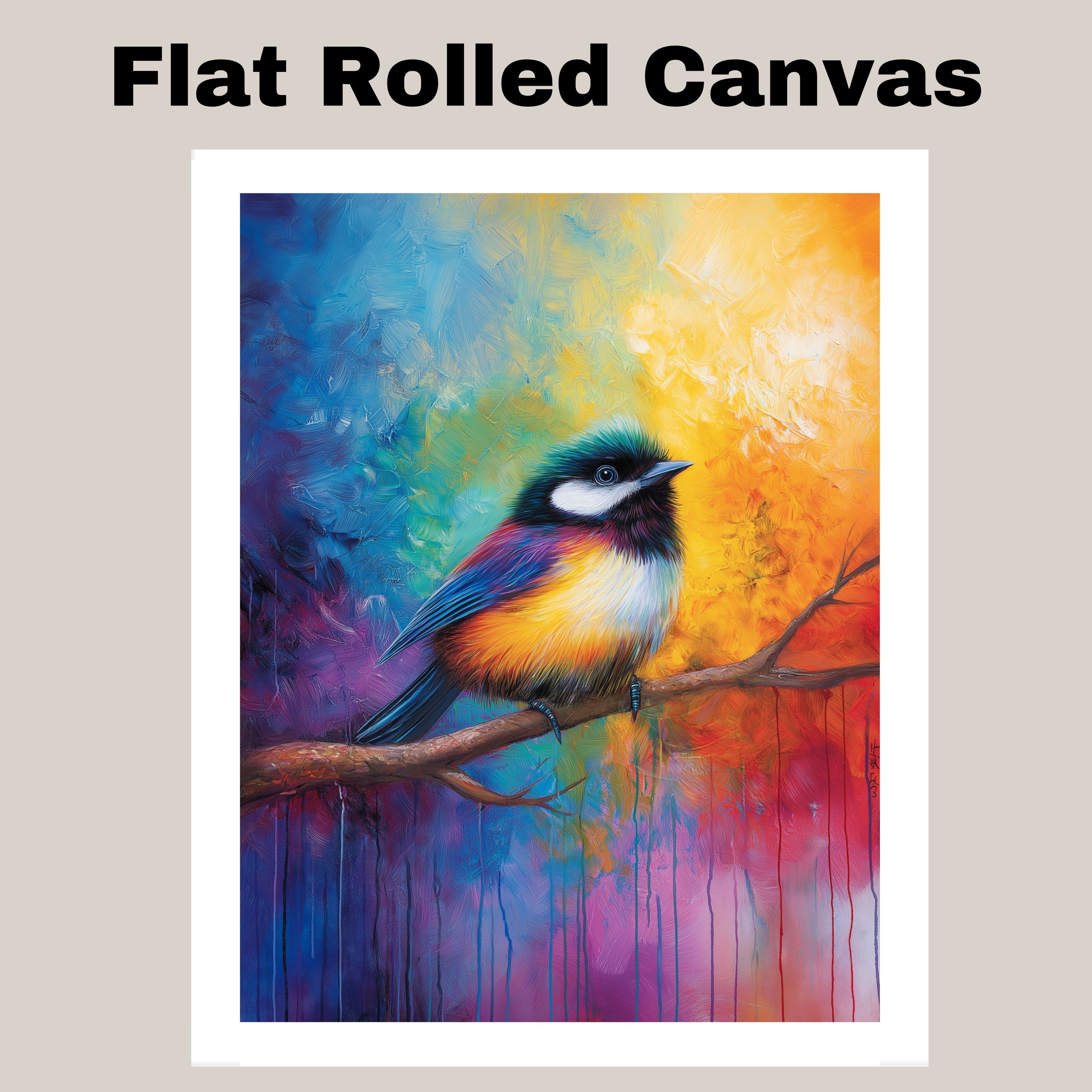 Rainbow Chickadee Bird Art in Textured Flat Rolled, Framed or Wrapped Canvas