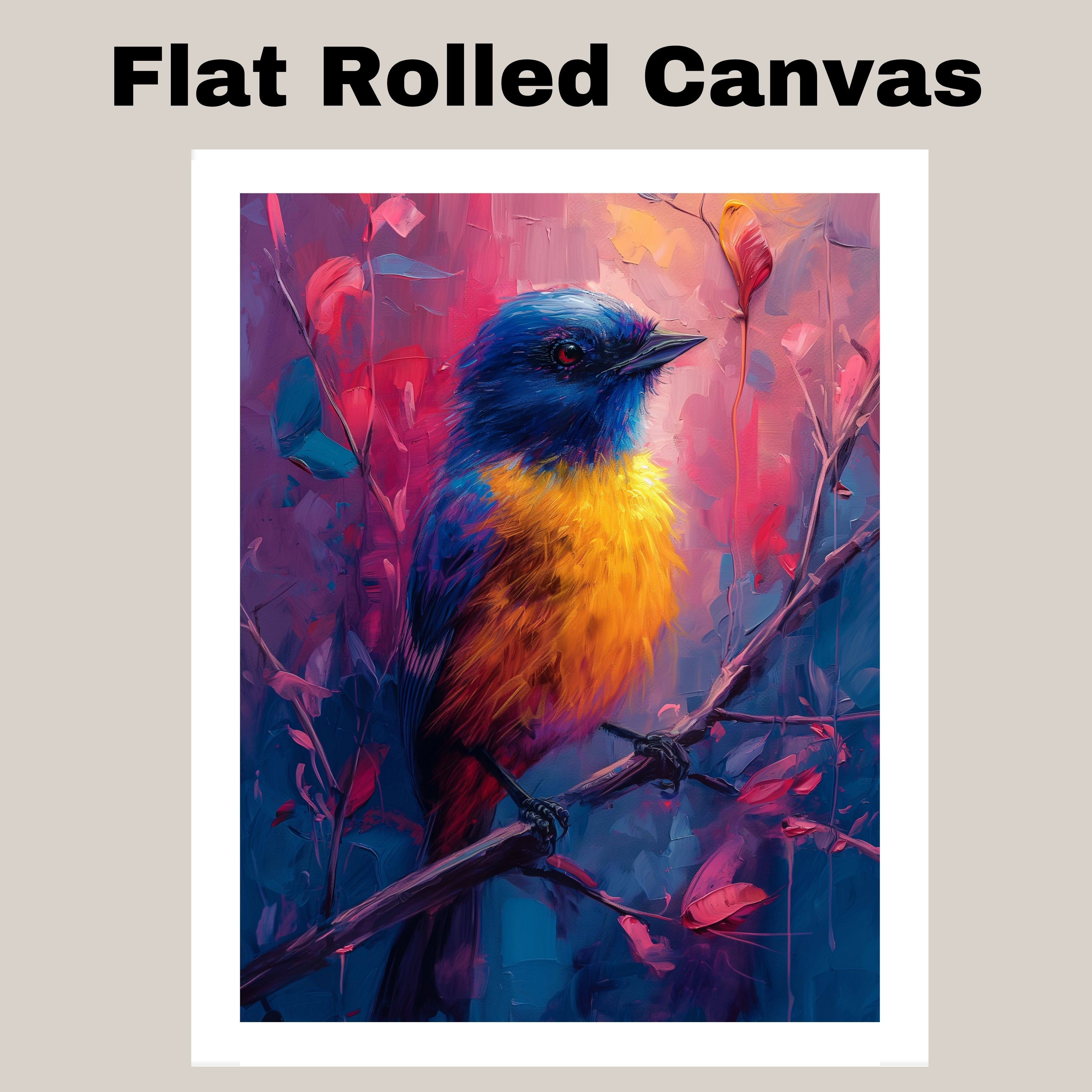Blue and Yellow Bird Art in Red Background Flat Rolled, Framed or Wrapped Canvas