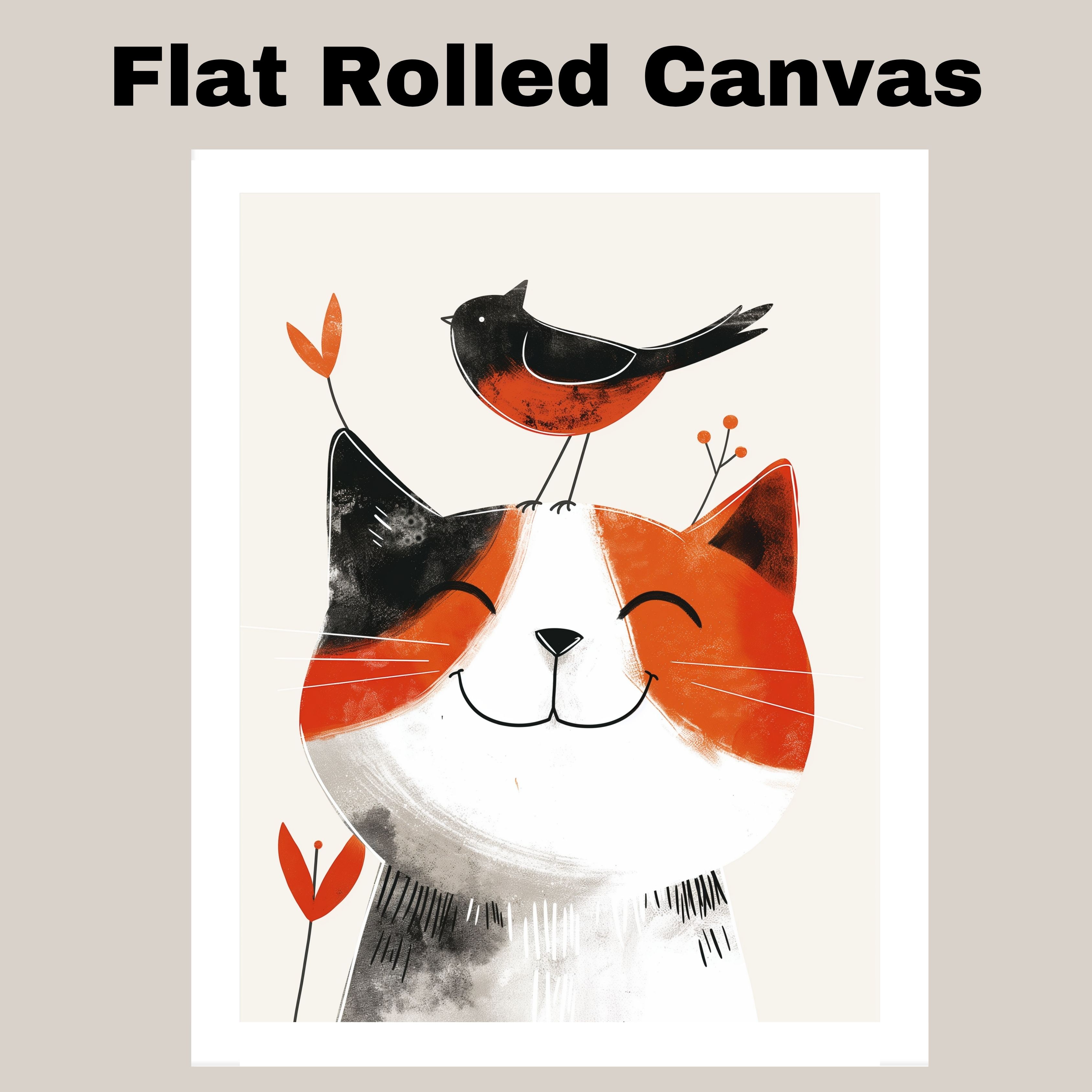 Cat and Bird Illustration in Playful Art Flat Rolled, Framed or Wrapped Canvas