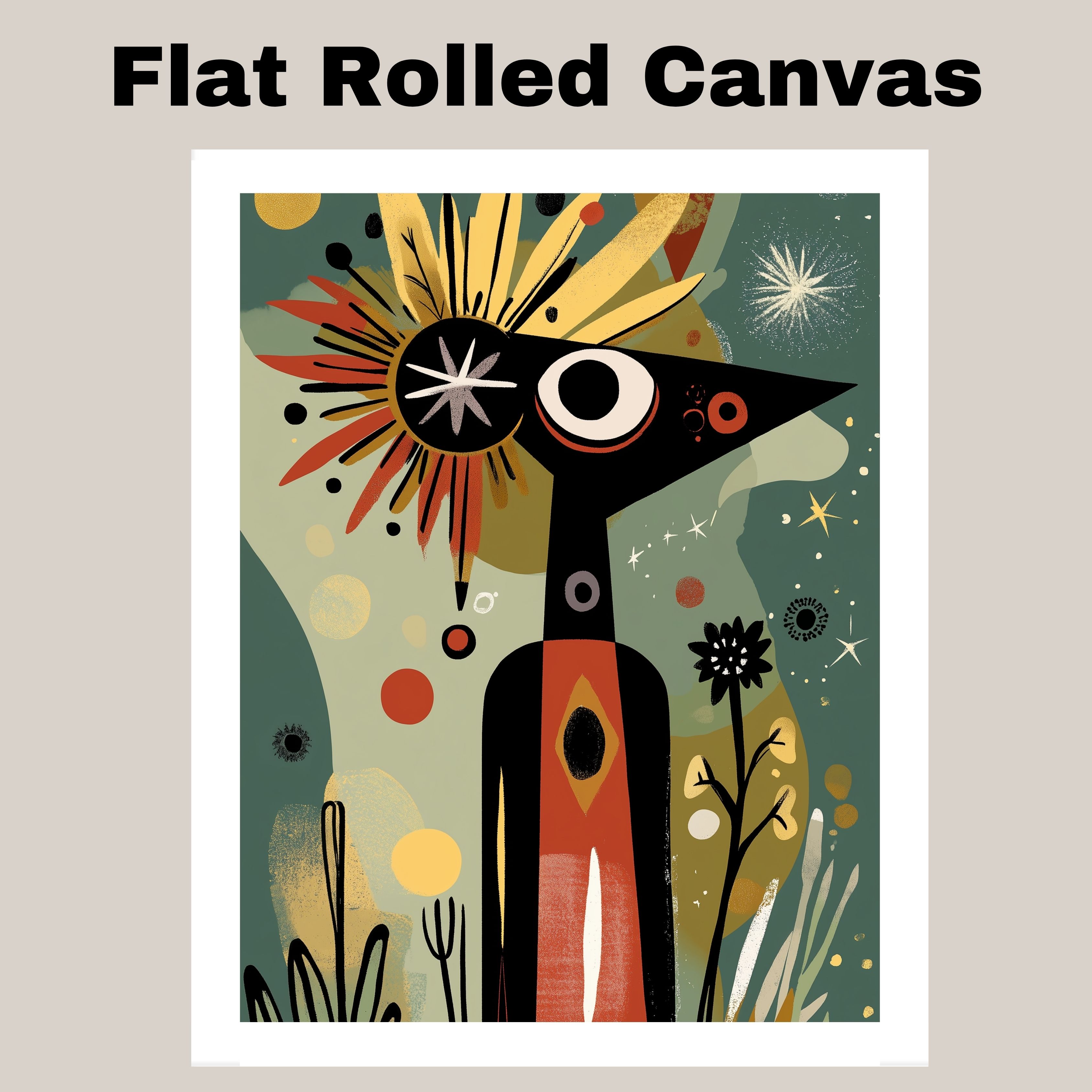 Tribal Cosmic Art Mid-Century Folk Style Flat Rolled, Framed or Wrapped Canvas