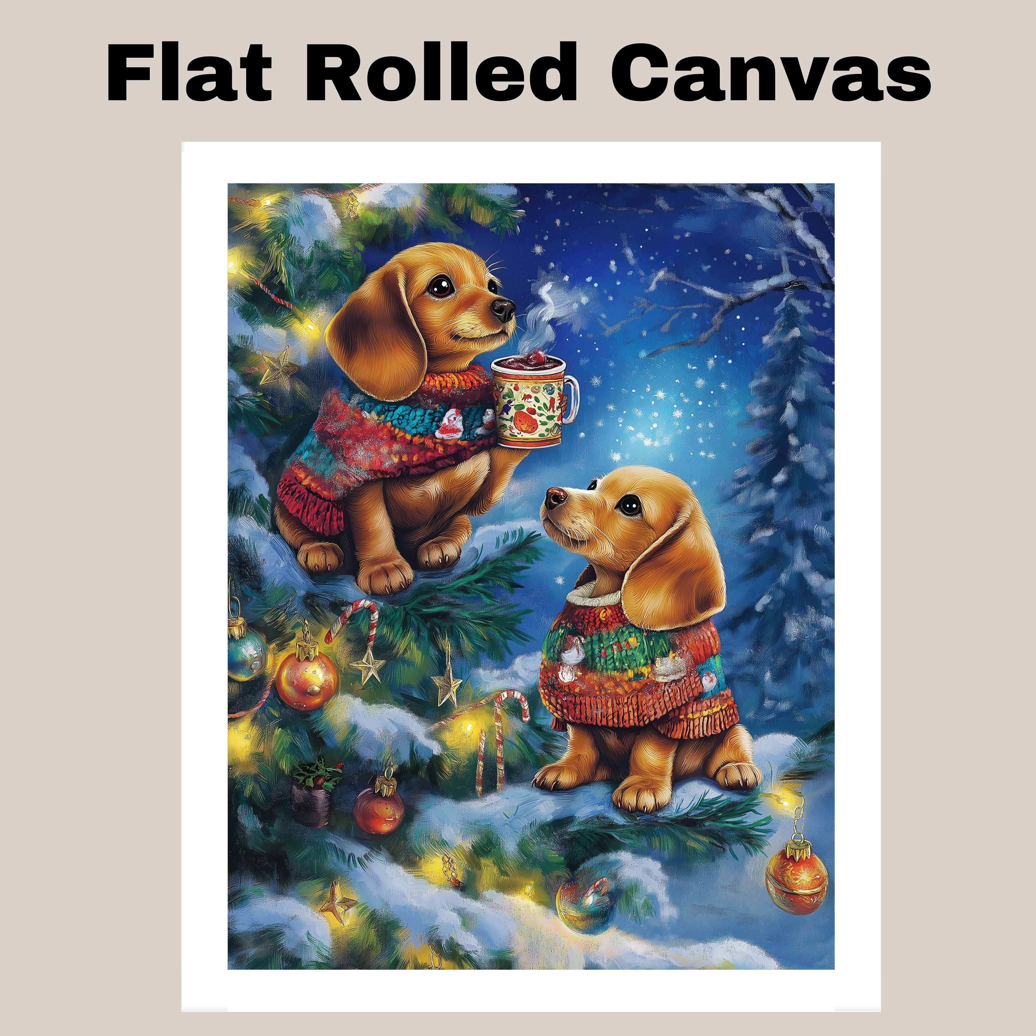Christmas Dachshund Puppies Holiday Print Flat Rolled, Framed or Wrapped Canvas