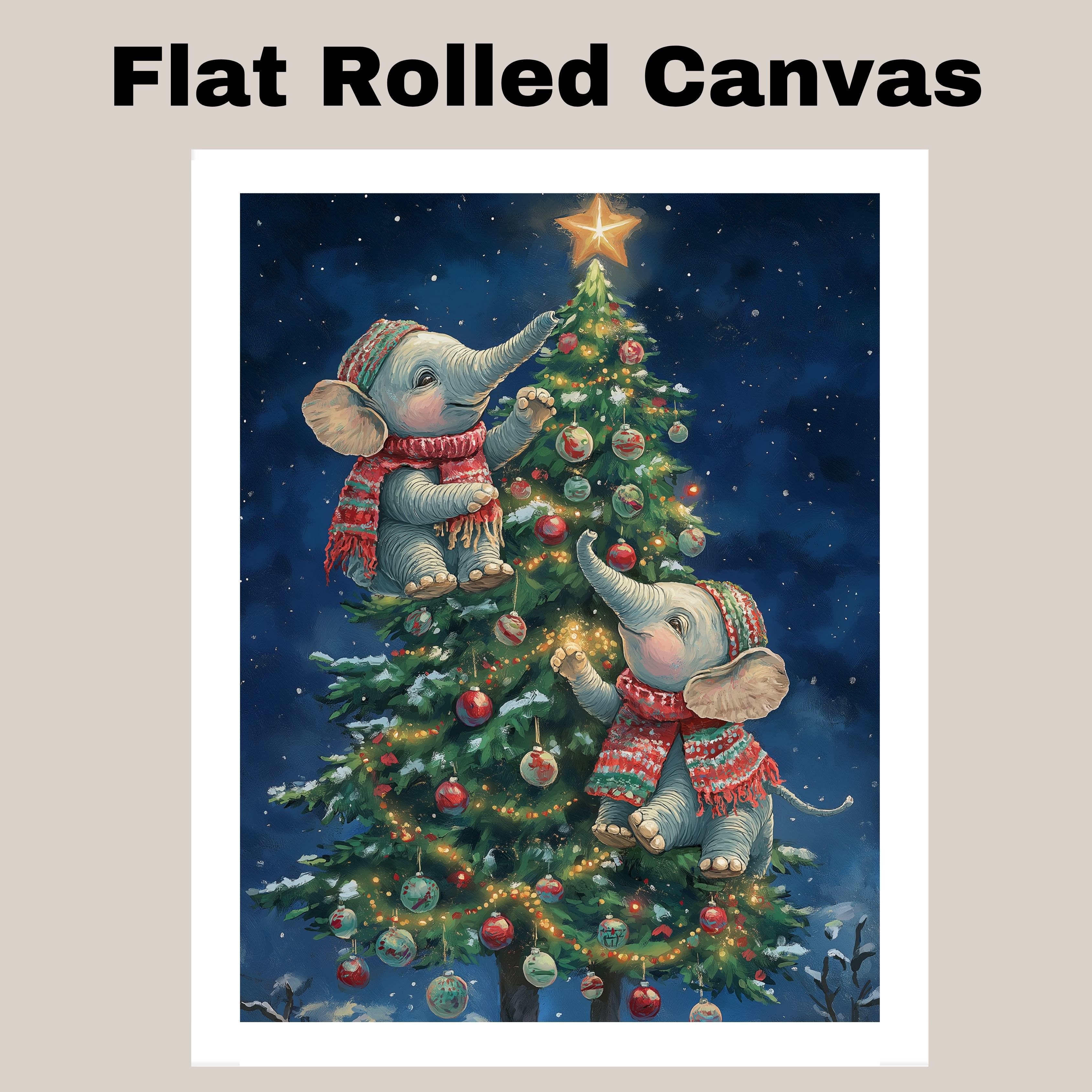 Christmas Elephants Decorating Tree Print Flat Rolled, Framed or Wrapped Canvas
