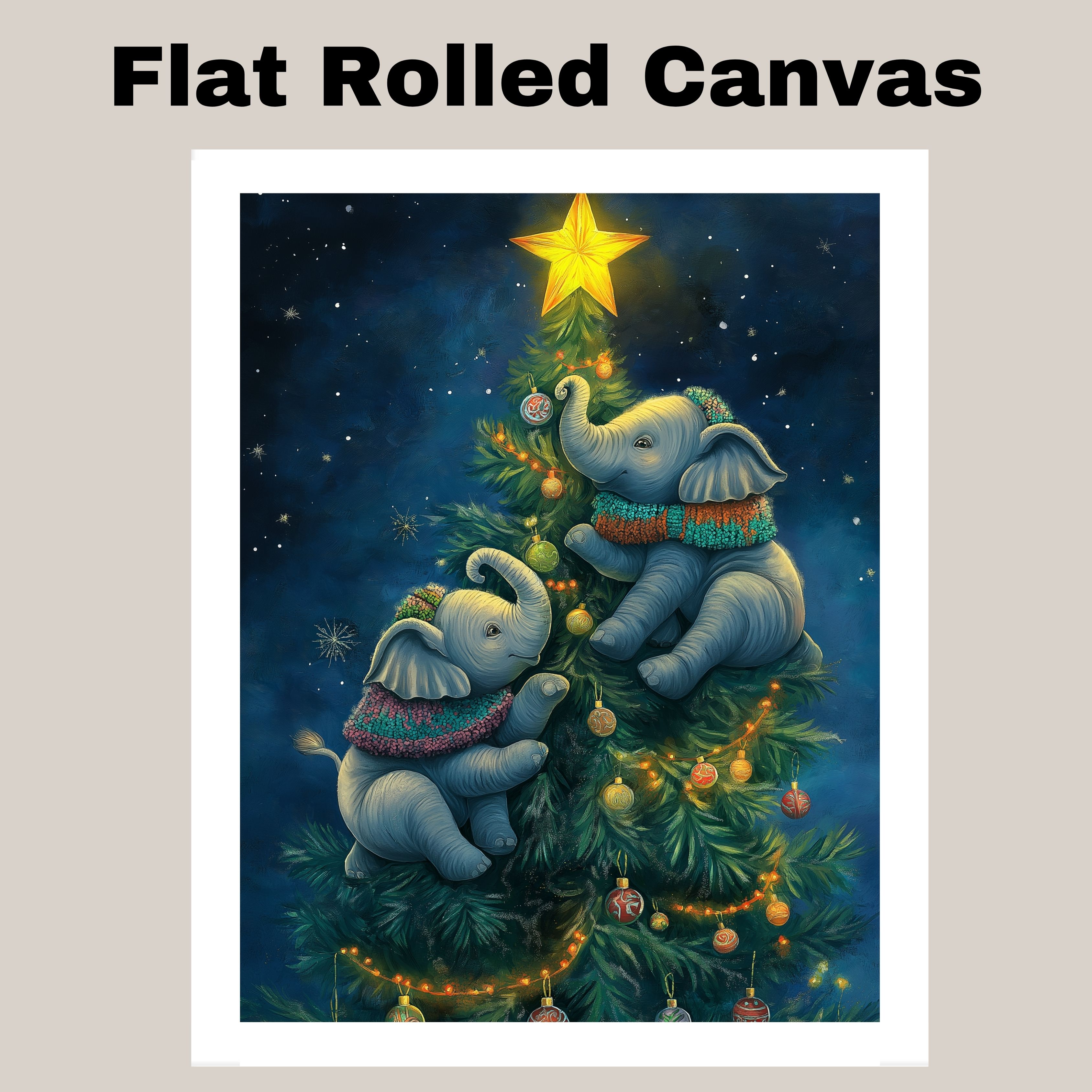 Christmas Baby Elephants Holiday Tree Art Flat Rolled, Framed or Wrapped Canvas