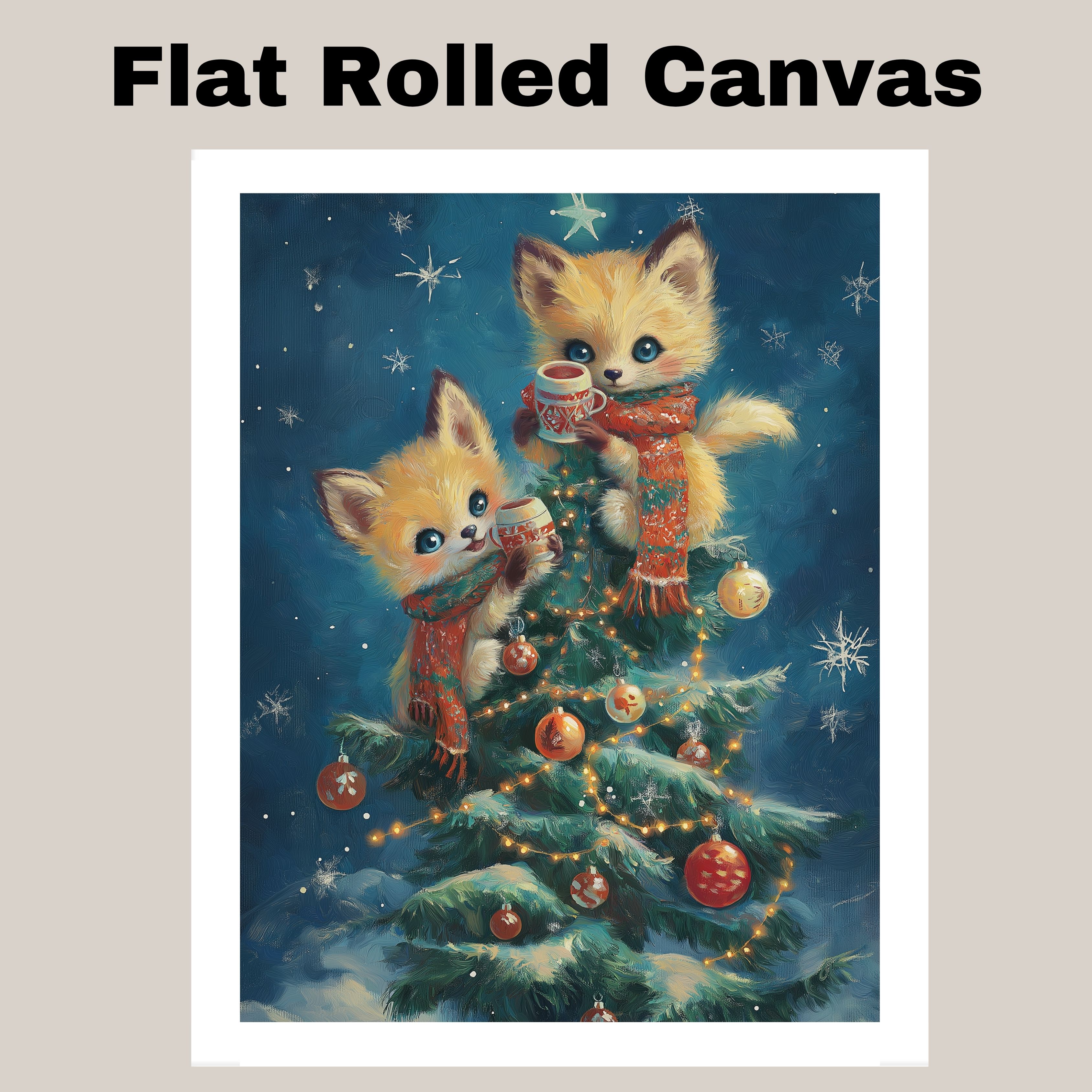 Christmas Baby Foxes in Tree Holiday Print Flat Rolled, Framed or Wrapped Canvas