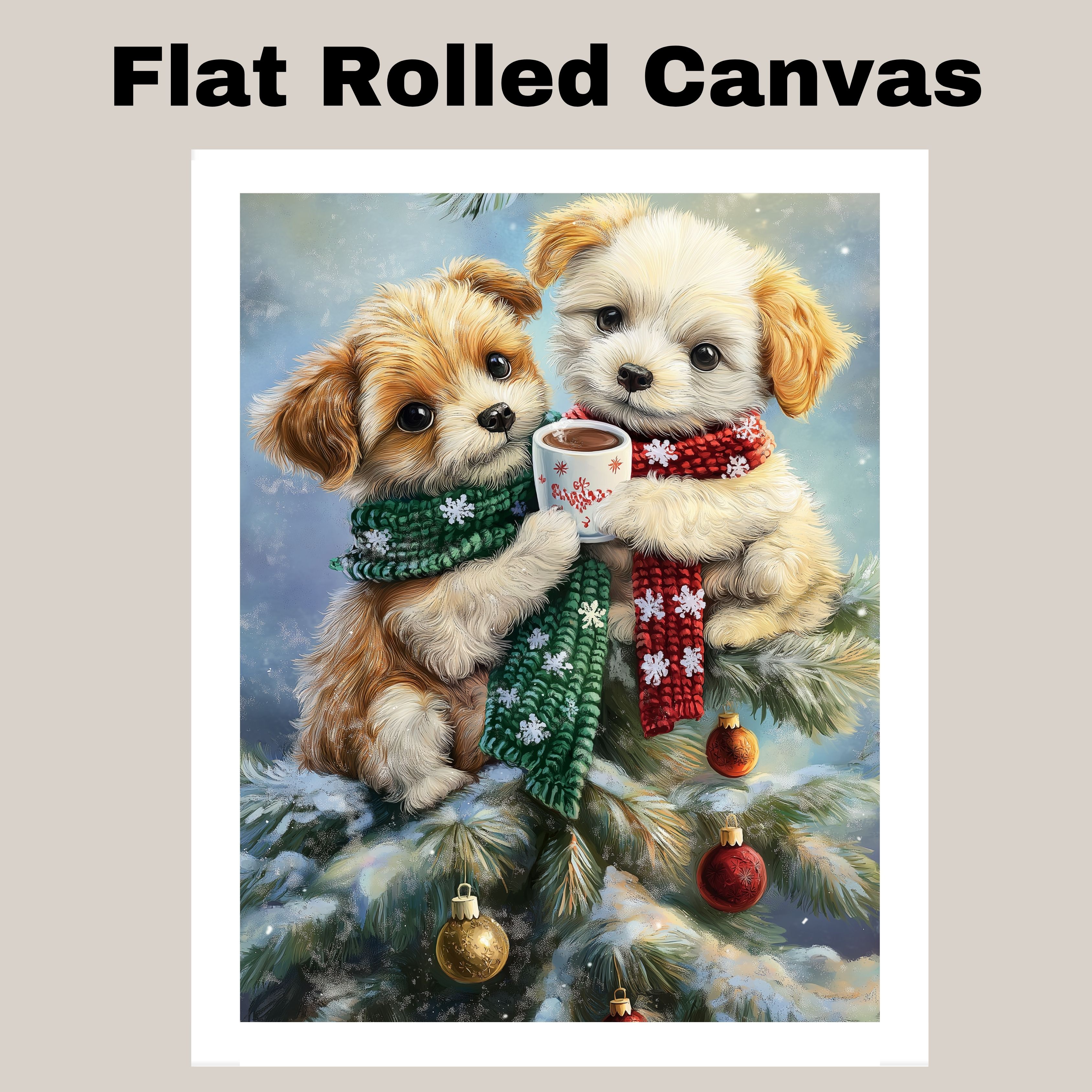 Christmas Puppies with Cocoa Holiday Print Flat Rolled, Framed or Wrapped Canvas