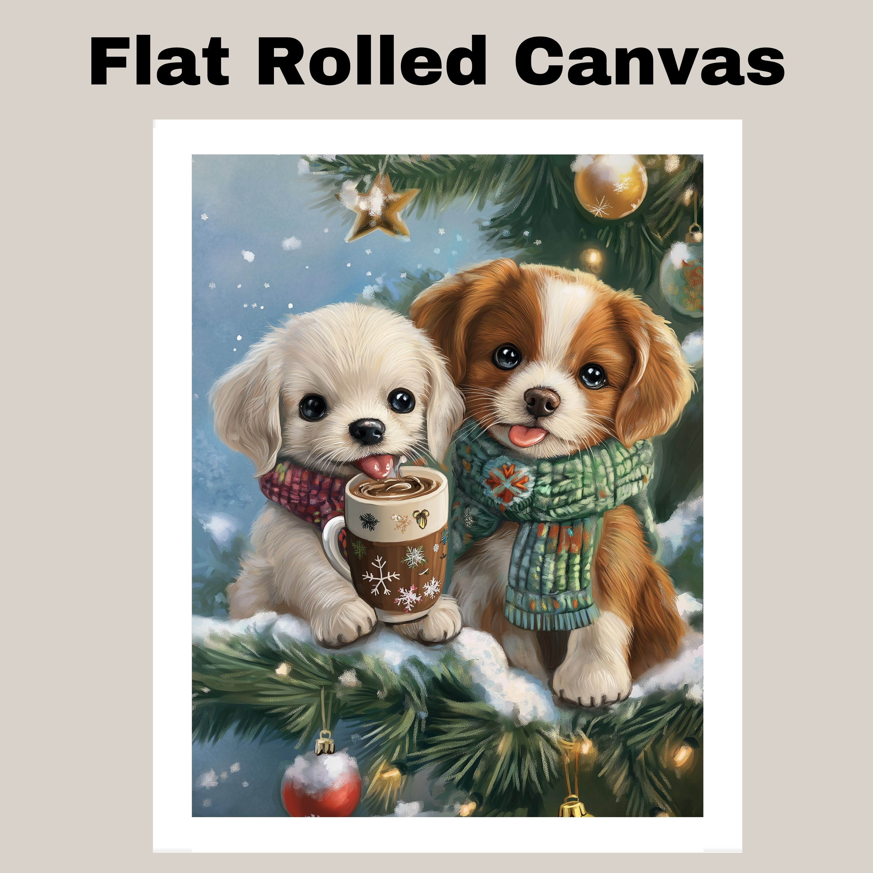 Christmas Dogs Sharing Cocoa Holiday Print Flat Rolled, Framed or Wrapped Canvas
