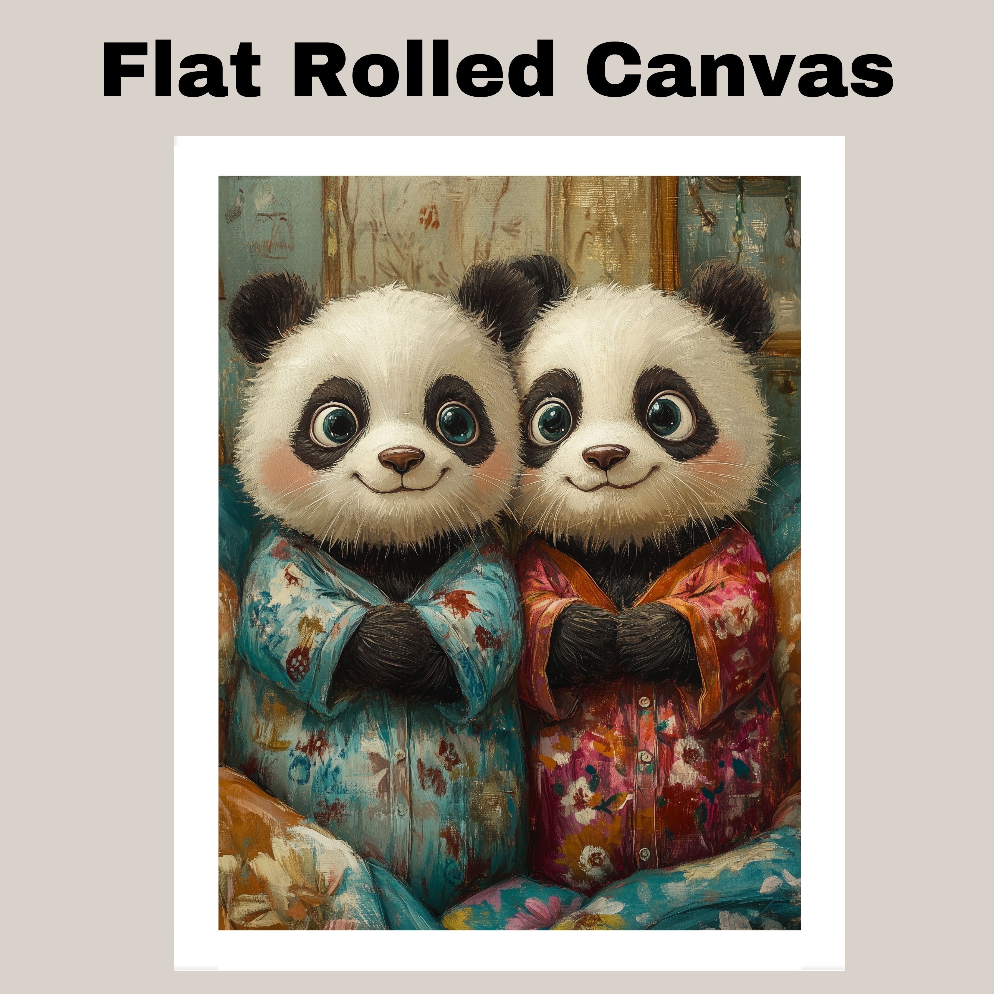 Panda Bears in Floral Pajamas Painting Flat Rolled, Framed or Wrapped Canvas