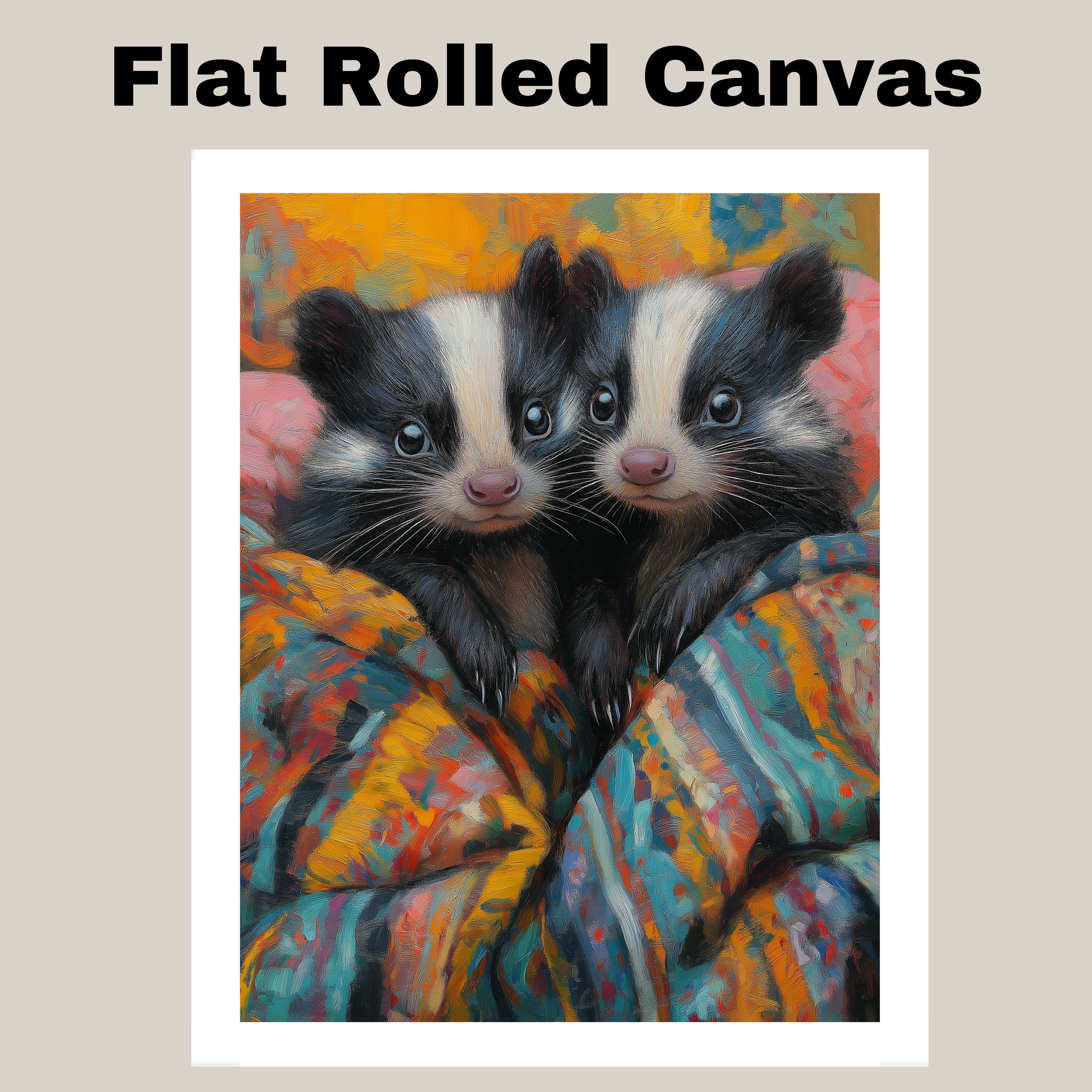 Skunks in Colorful Blanket for Wall Decor Flat Rolled, Framed or Wrapped Canvas