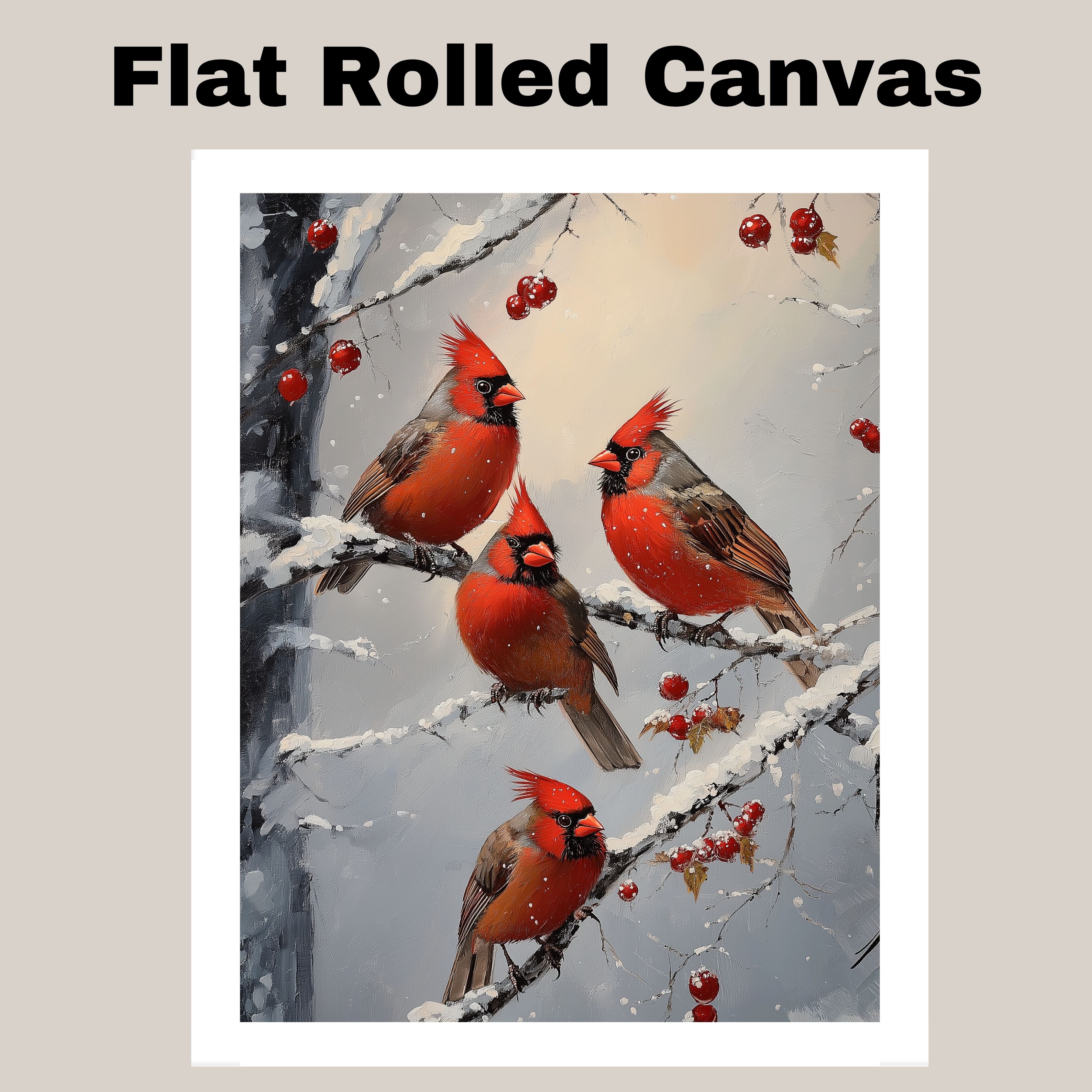 Group of Cardinals in Snowy Tree for Decor Flat Rolled, Framed or Wrapped Canvas