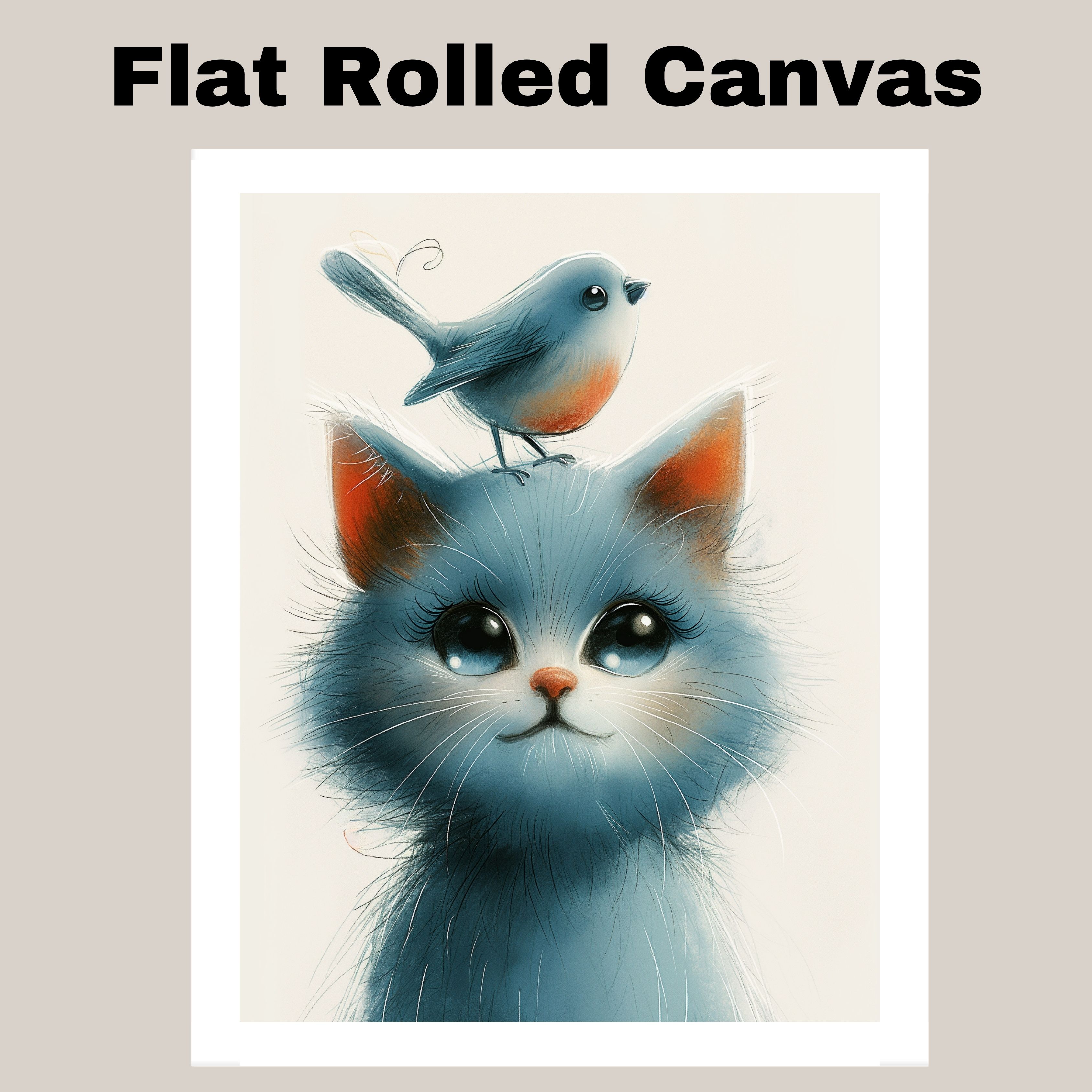 Blue Cat with Bird Art Print for Kids Room Flat Rolled, Framed or Wrapped Canvas