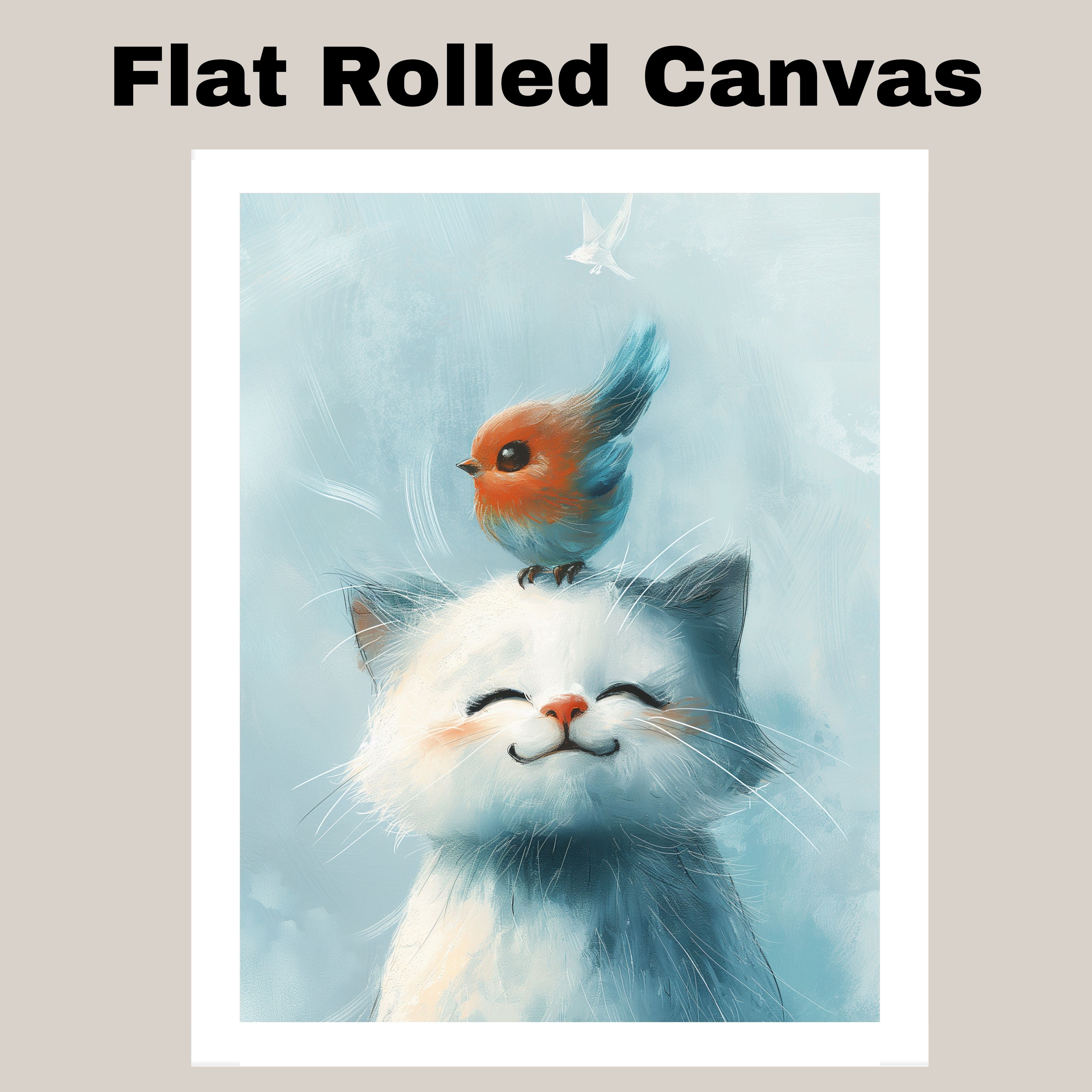 White Cat and Bird for Kids Room Flat Rolled, Framed or Wrapped Canvas