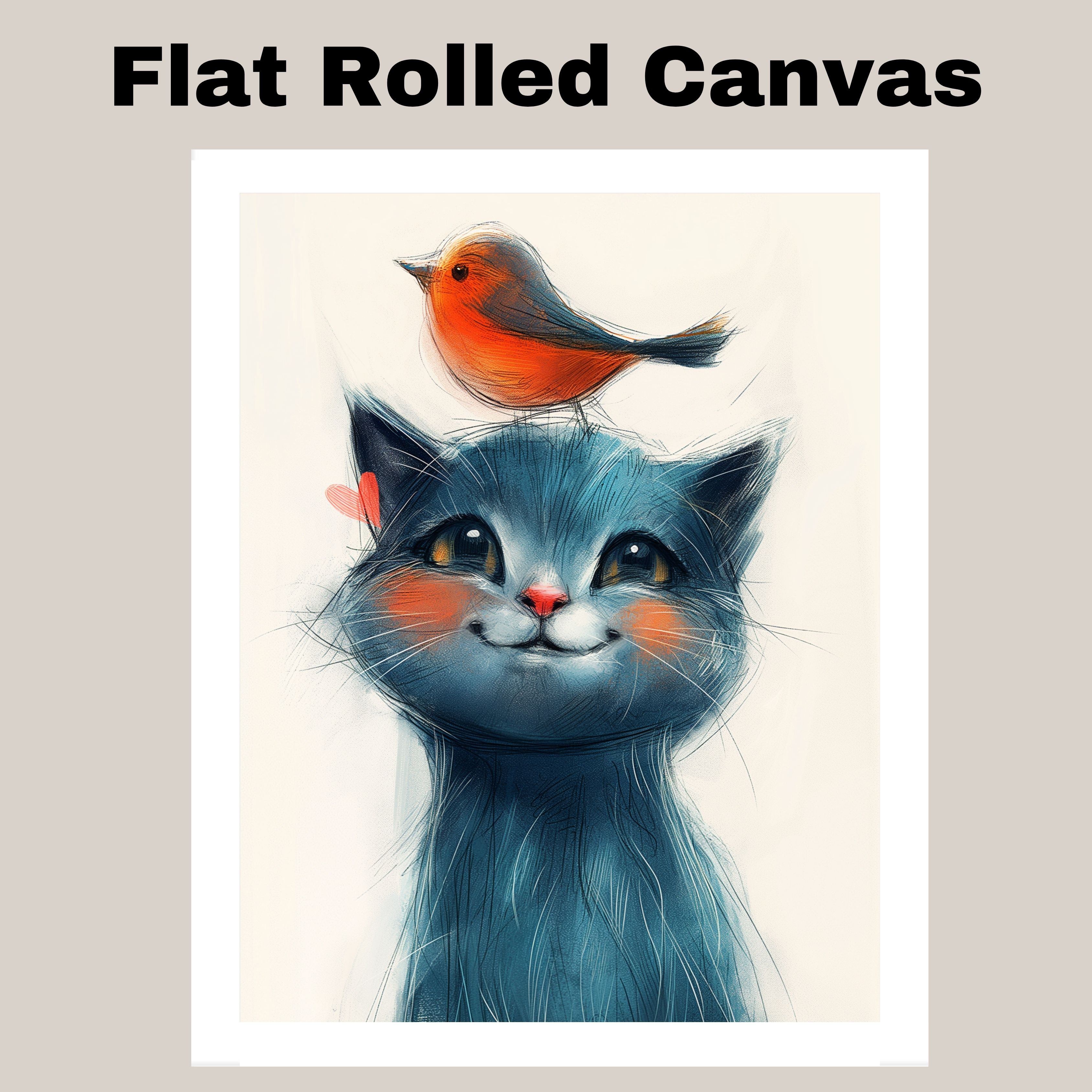 Blue Cat and Orange Bird for Nursery Flat Rolled, Framed or Wrapped Canvas