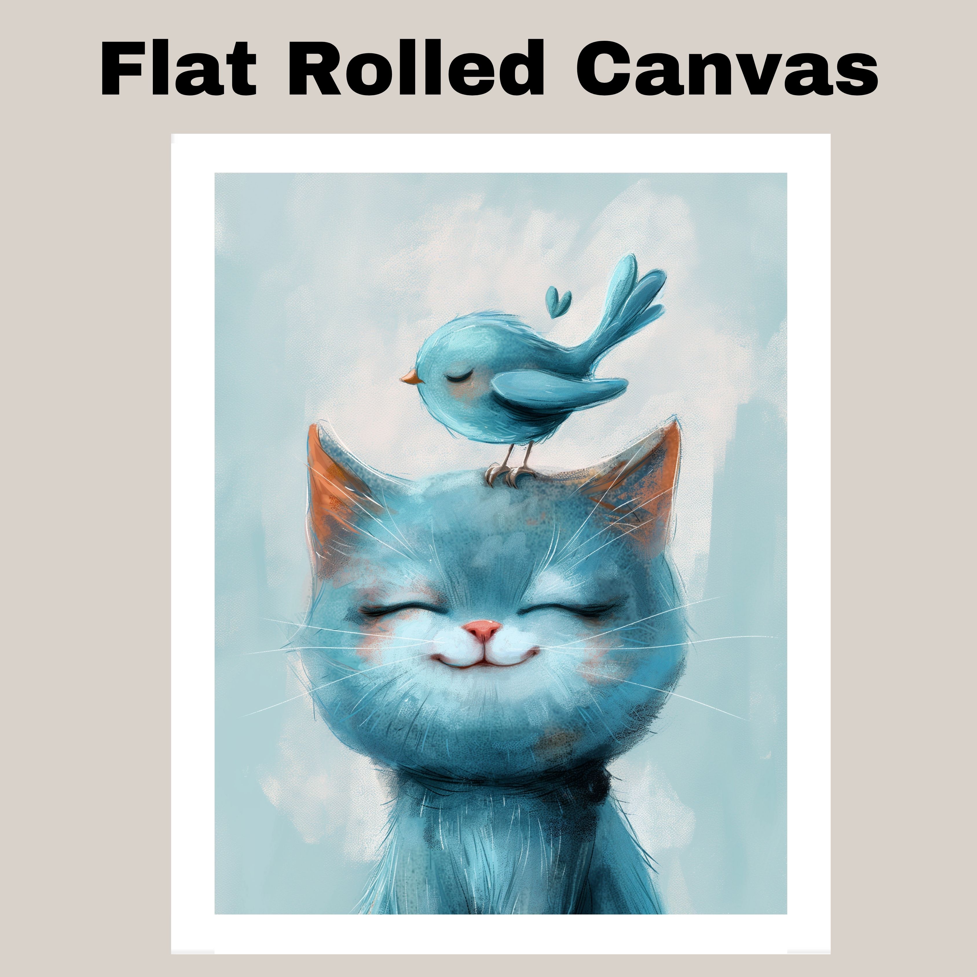 Smiling Blue Cat and Bird for Kids Room Flat Rolled, Framed or Wrapped Canvas