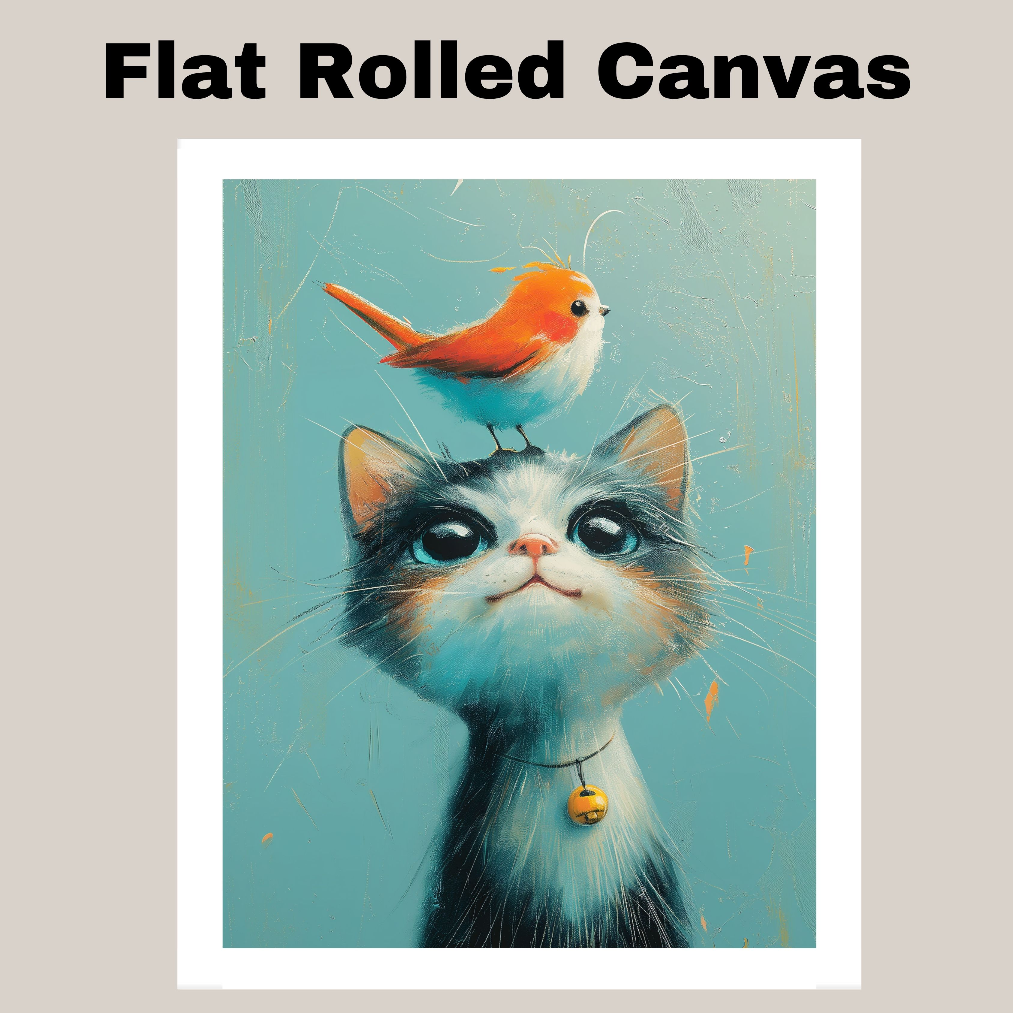 Cat and Bird for Kids Room or Nursery Flat Rolled, Framed or Wrapped Canvas