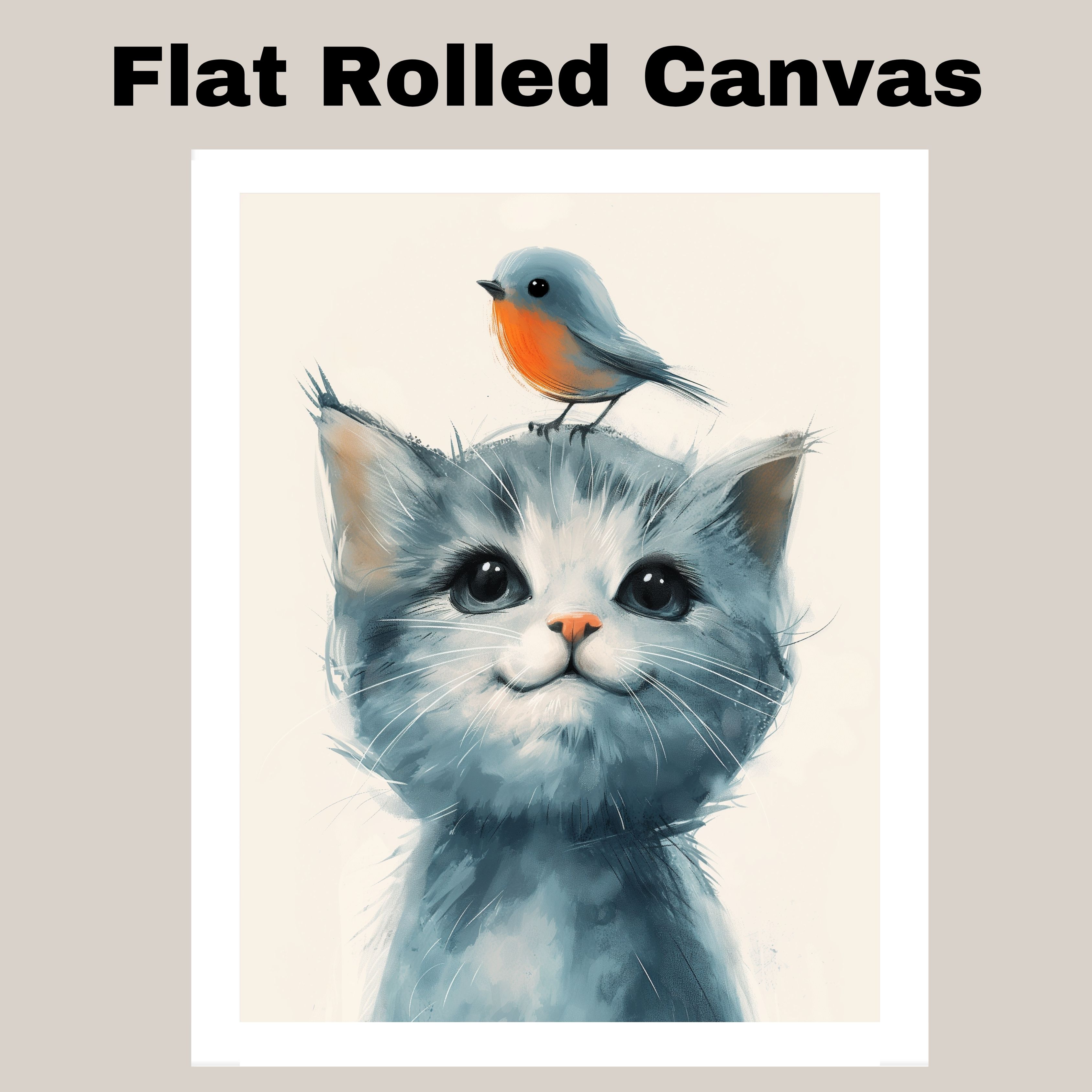 Cat and Bird for Nursery or Kids Room Flat Rolled, Framed or Wrapped Canvas
