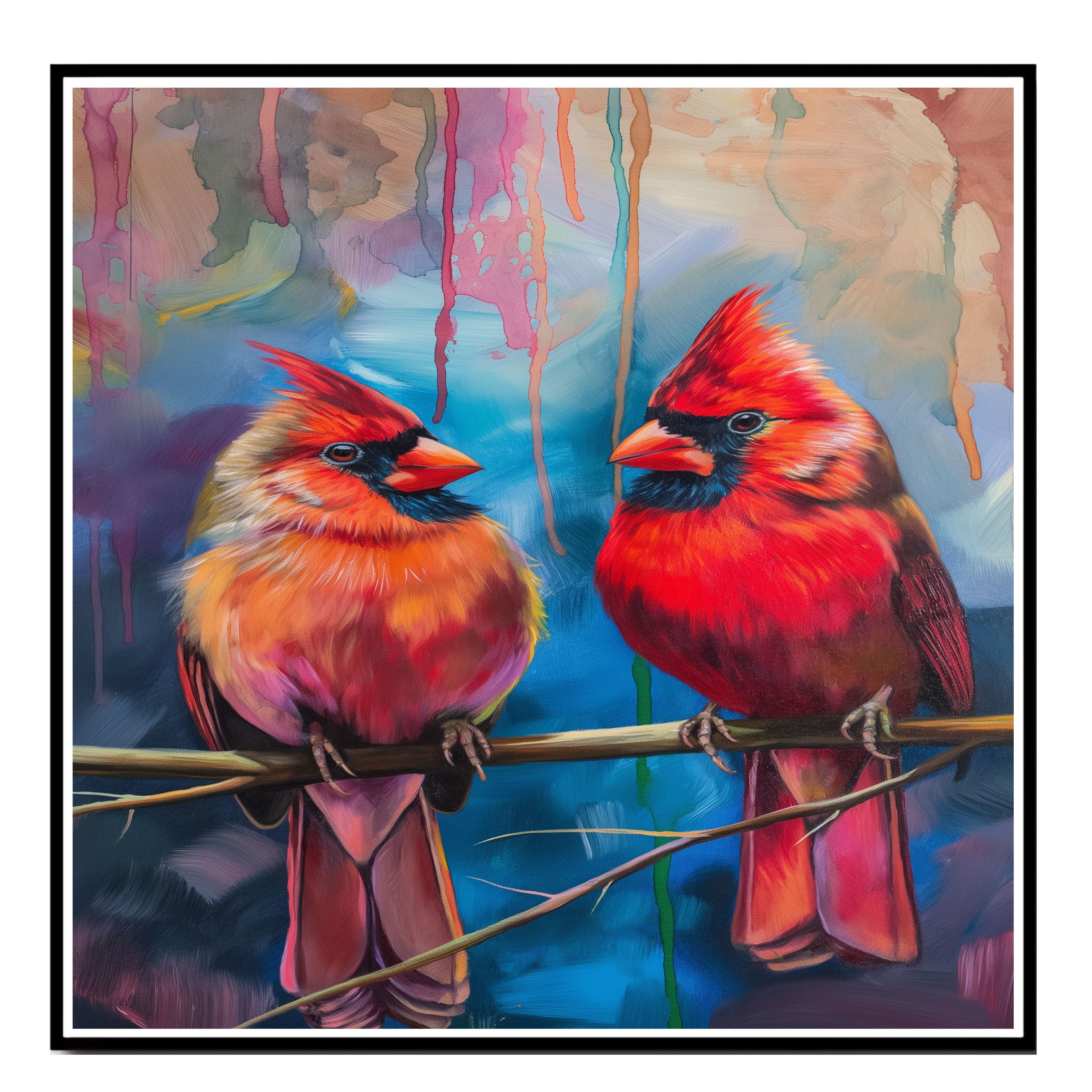 Cardenales rojos en rama en arte pincelada plano laminado, enmarcado o envuelto lienzo - Imagen 15 de 19