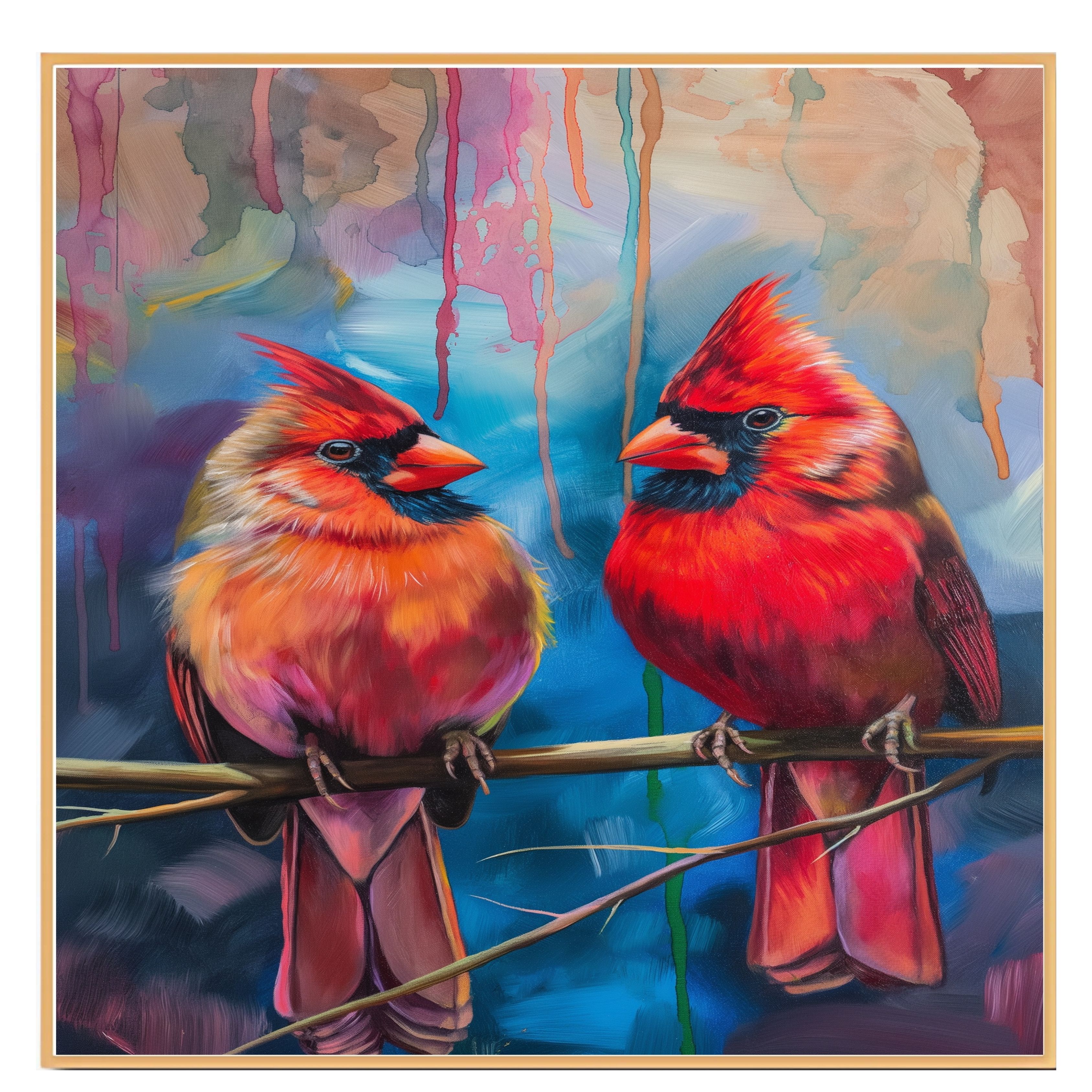 Cardenales rojos en rama en arte pincelada plano laminado, enmarcado o envuelto lienzo - Imagen 17 de 19