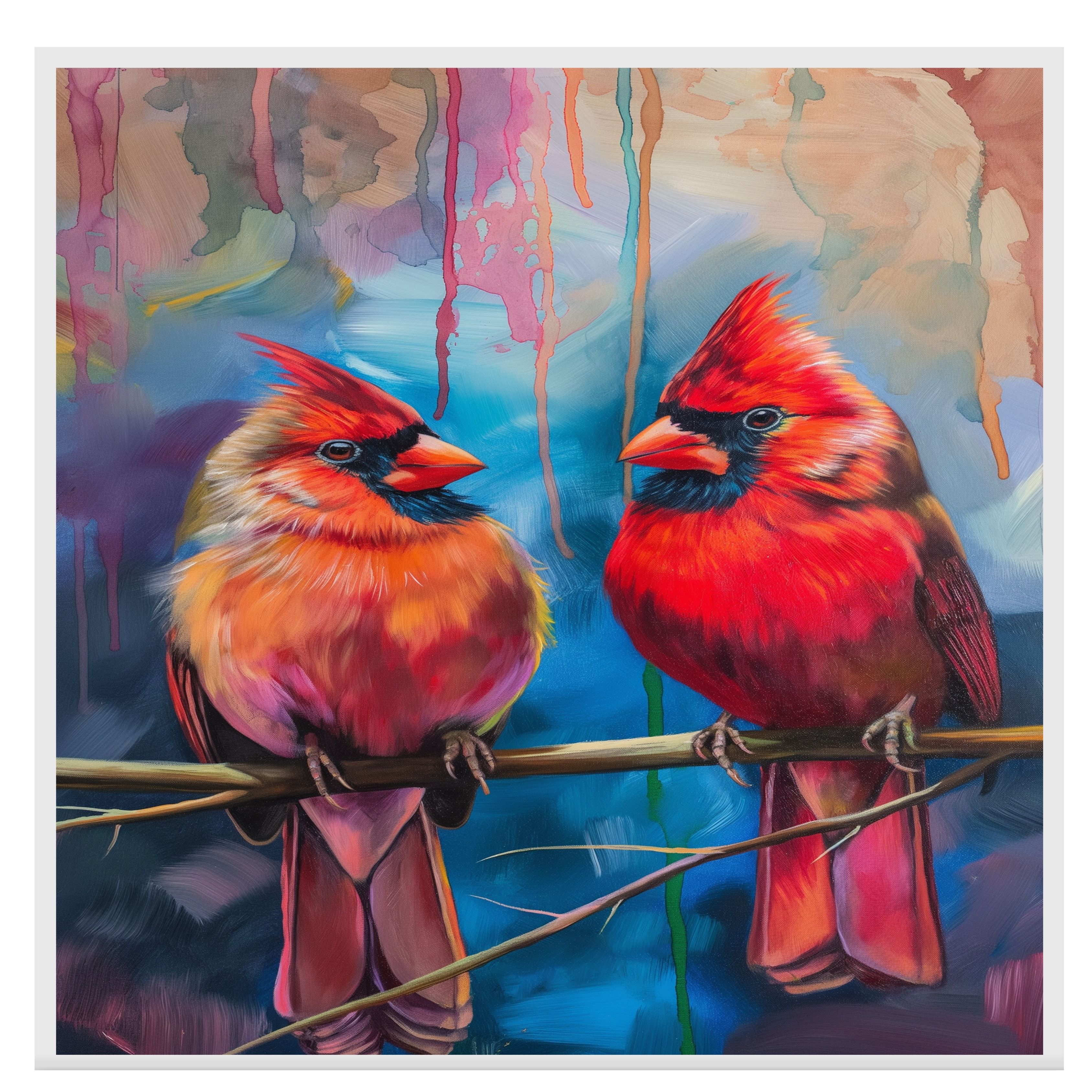 Cardenales rojos en rama en arte pincelada plano laminado, enmarcado o envuelto lienzo - Imagen 16 de 19