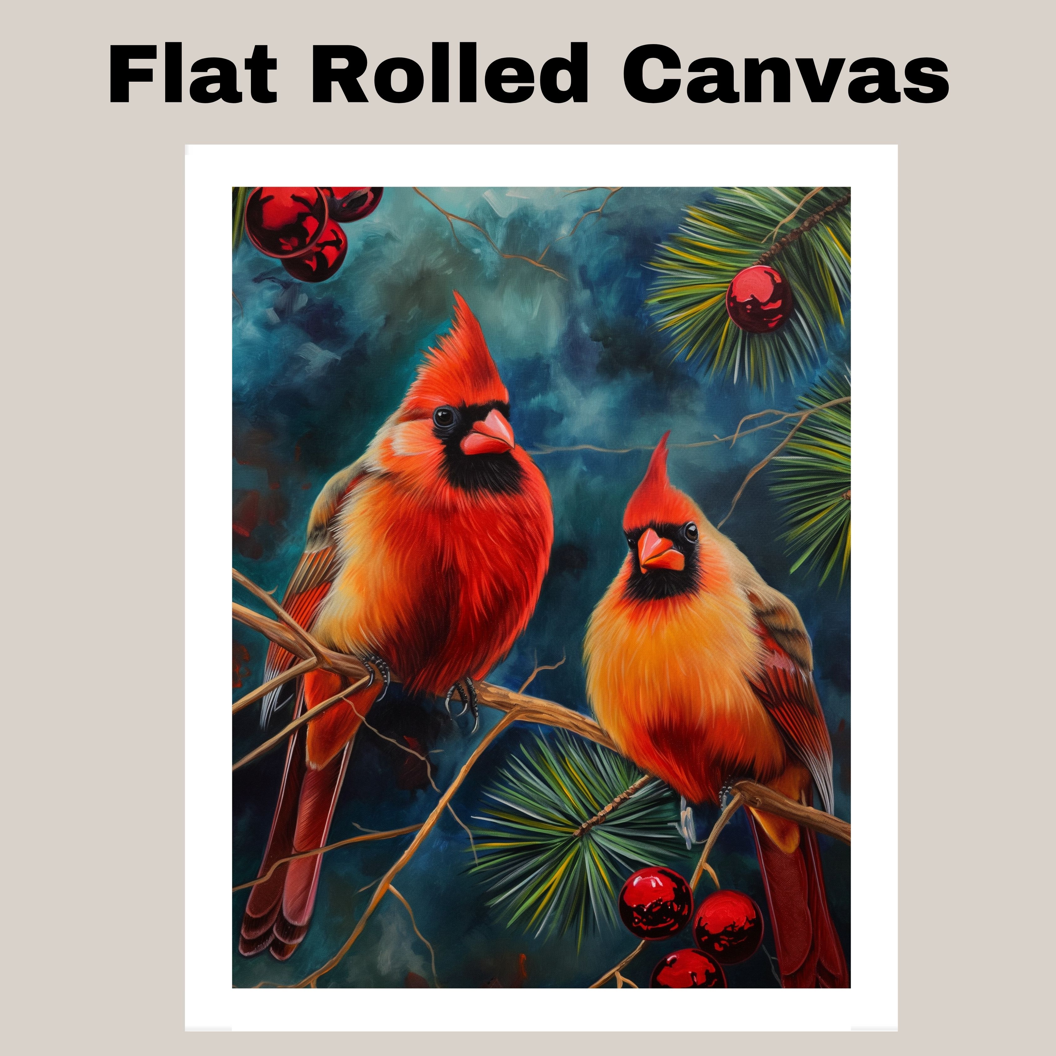 Red Cardinals with Ornaments in Pine Art Flat Rolled, Framed or Wrapped Canvas
