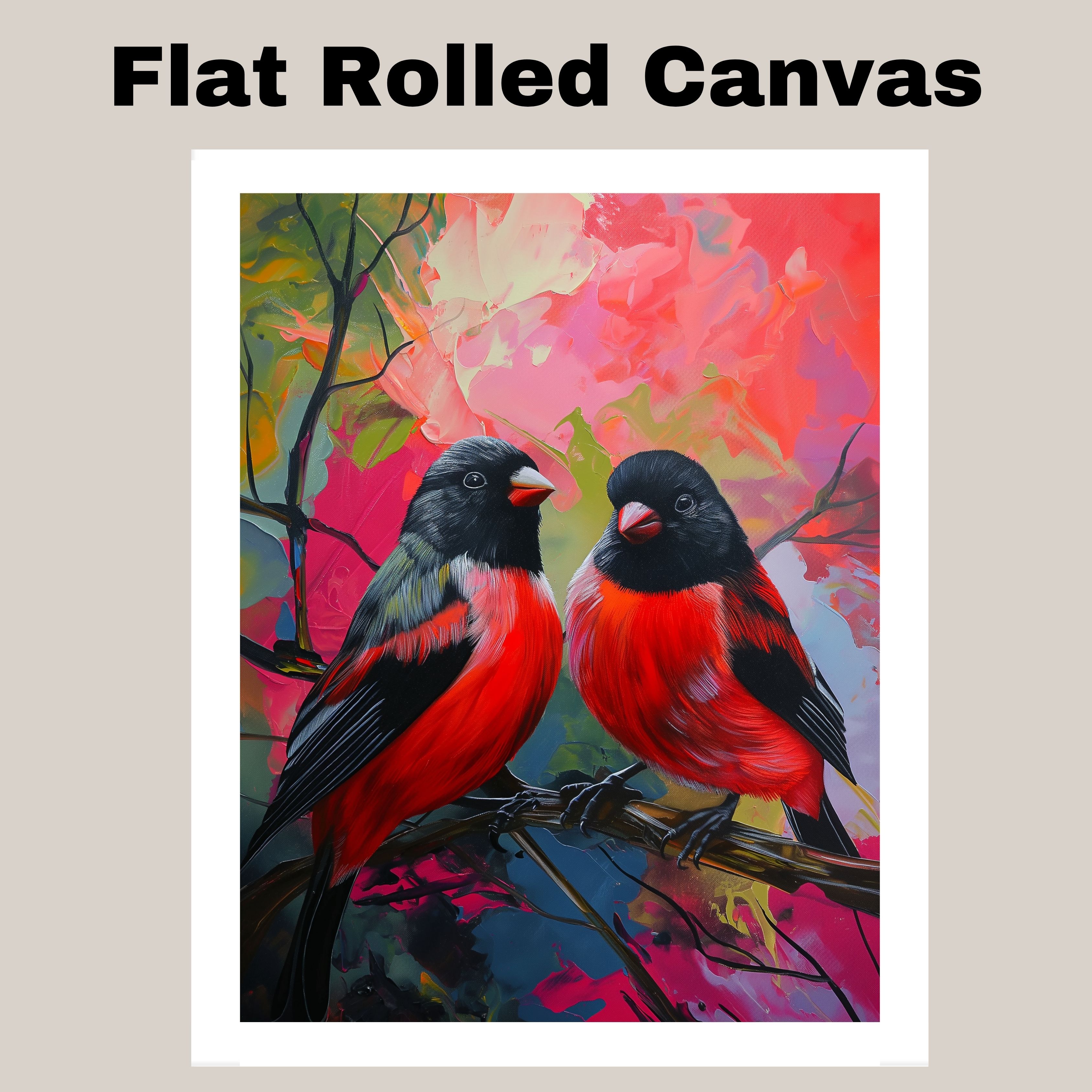 Red and Black Birds in Colorful Nature Flat Rolled, Framed or Wrapped Canvas