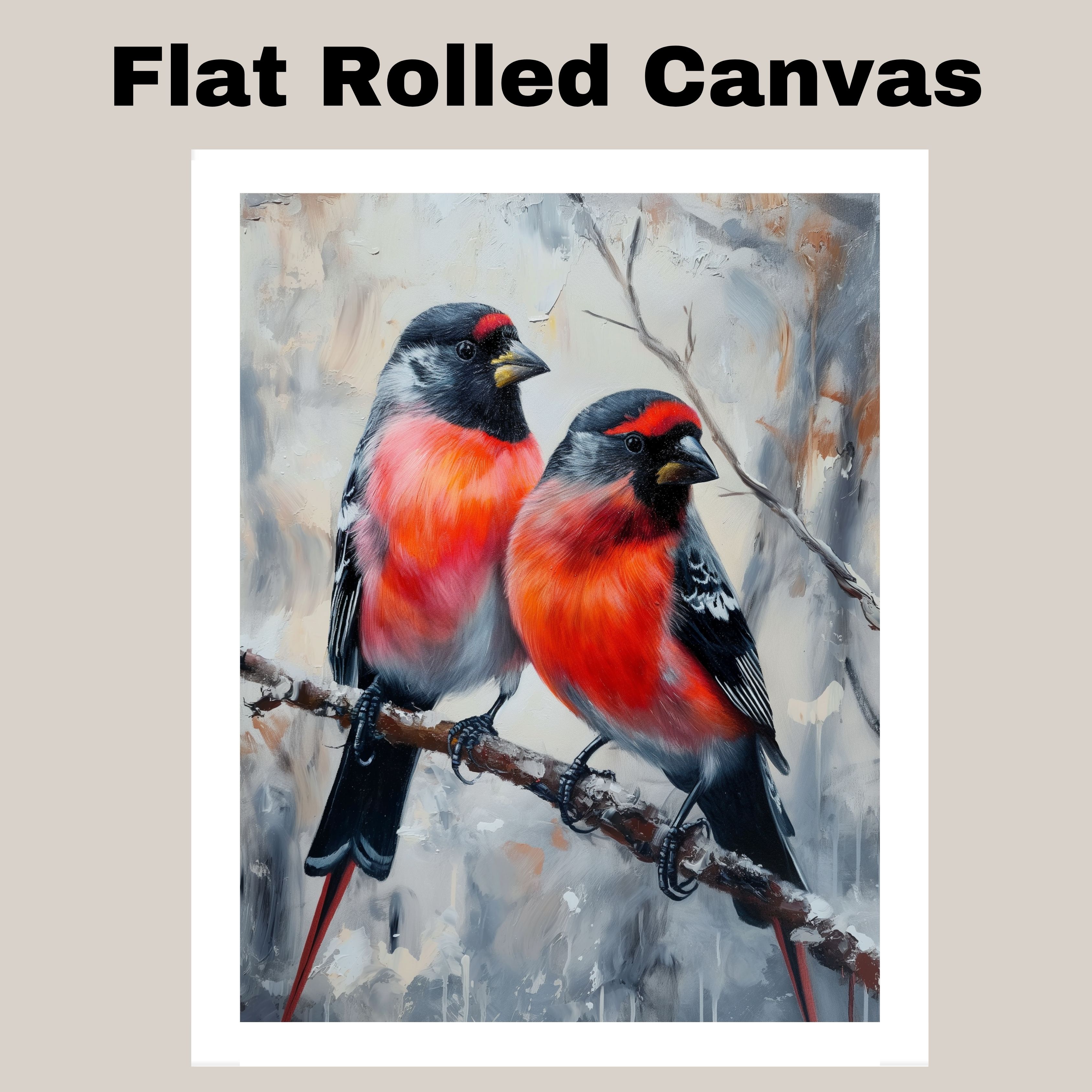Colorful Bullfinch Birds Art on Branch Flat Rolled, Framed or Wrapped Canvas