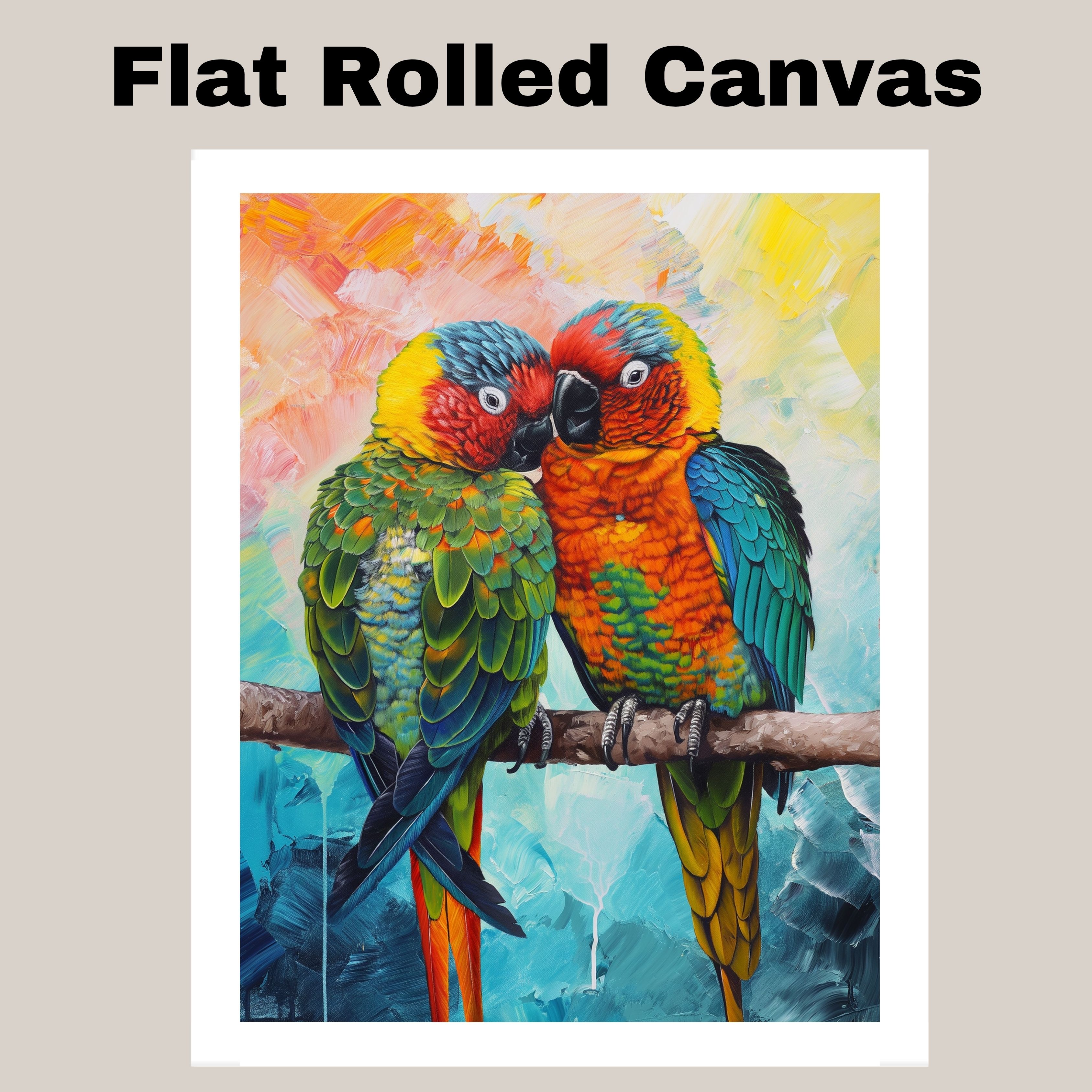 Parrot Pair Art with Multicolor Feathers Flat Rolled, Framed or Wrapped Canvas