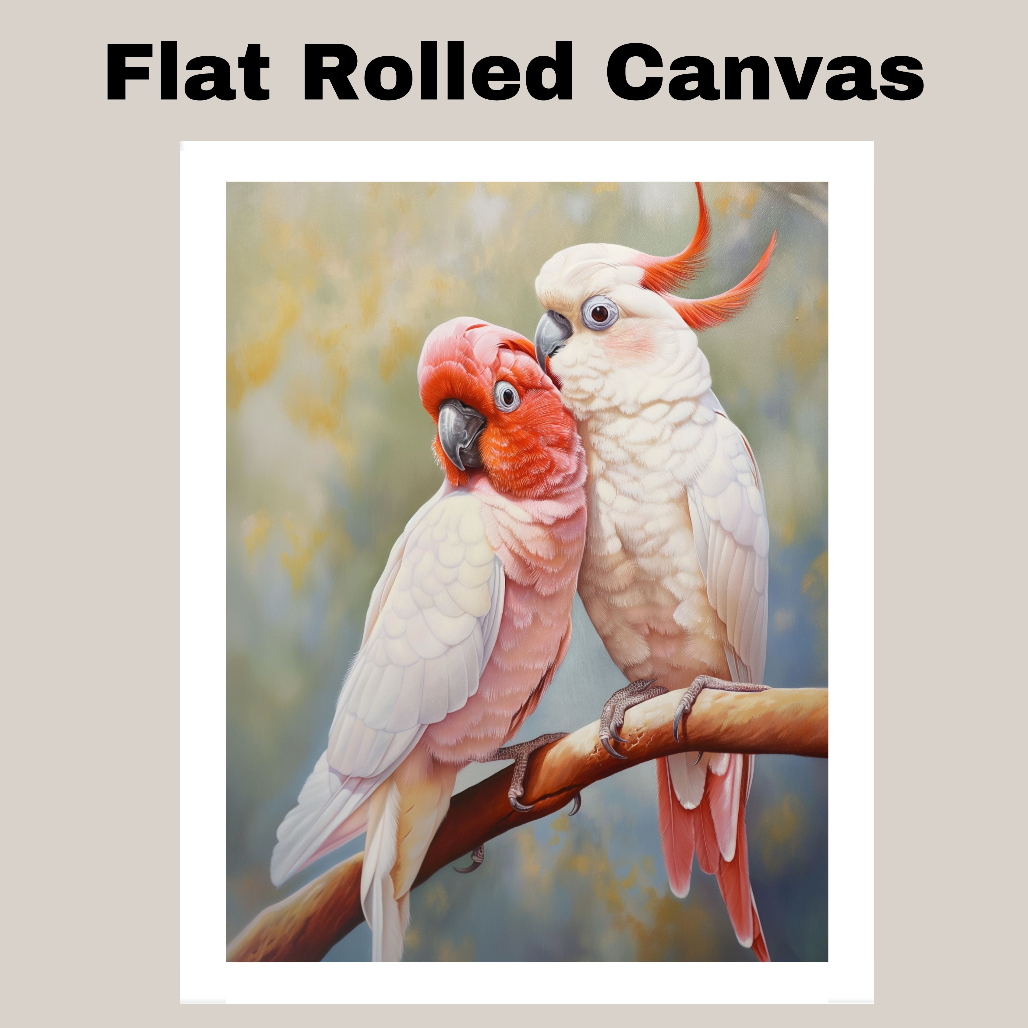 Pink and White Cockatoo Pair Art on Branch Flat Rolled, Framed or Wrapped Canvas