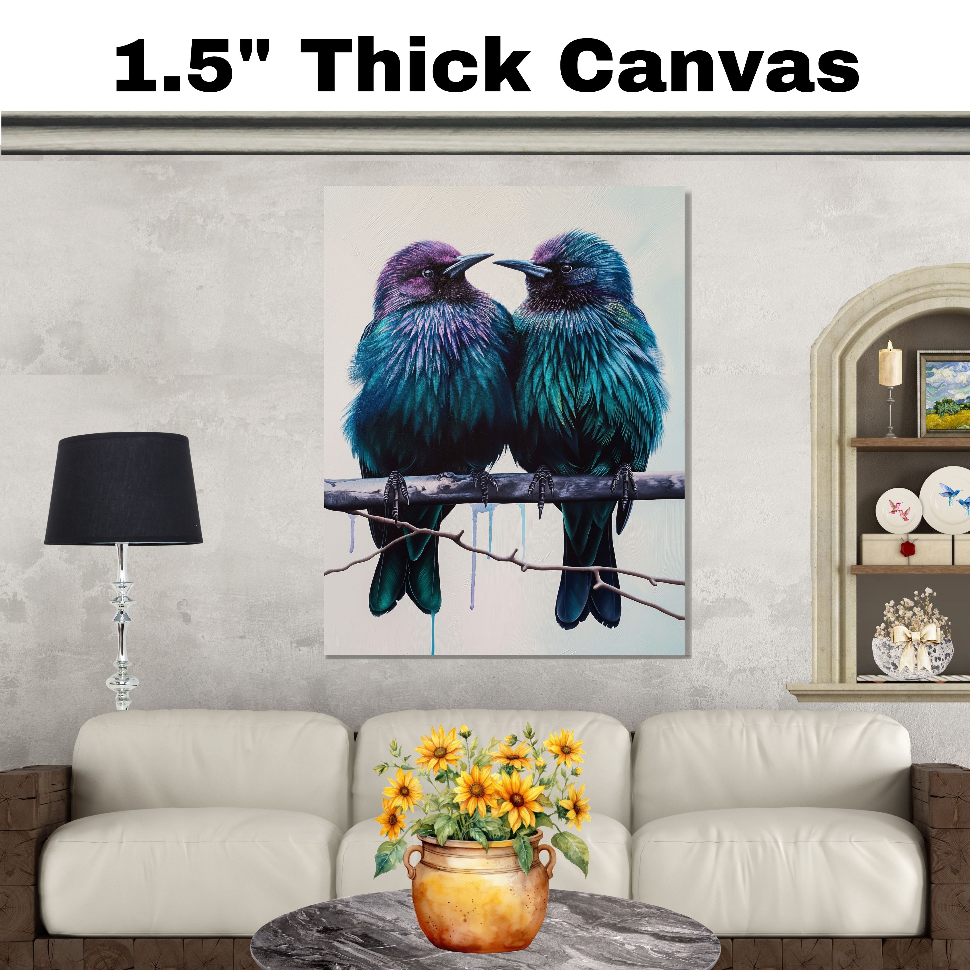 Teal and Purple Bird Pair Art on Backdrop Flat Rolled, Framed or Wrapped Canvas - Picture 19 of 19