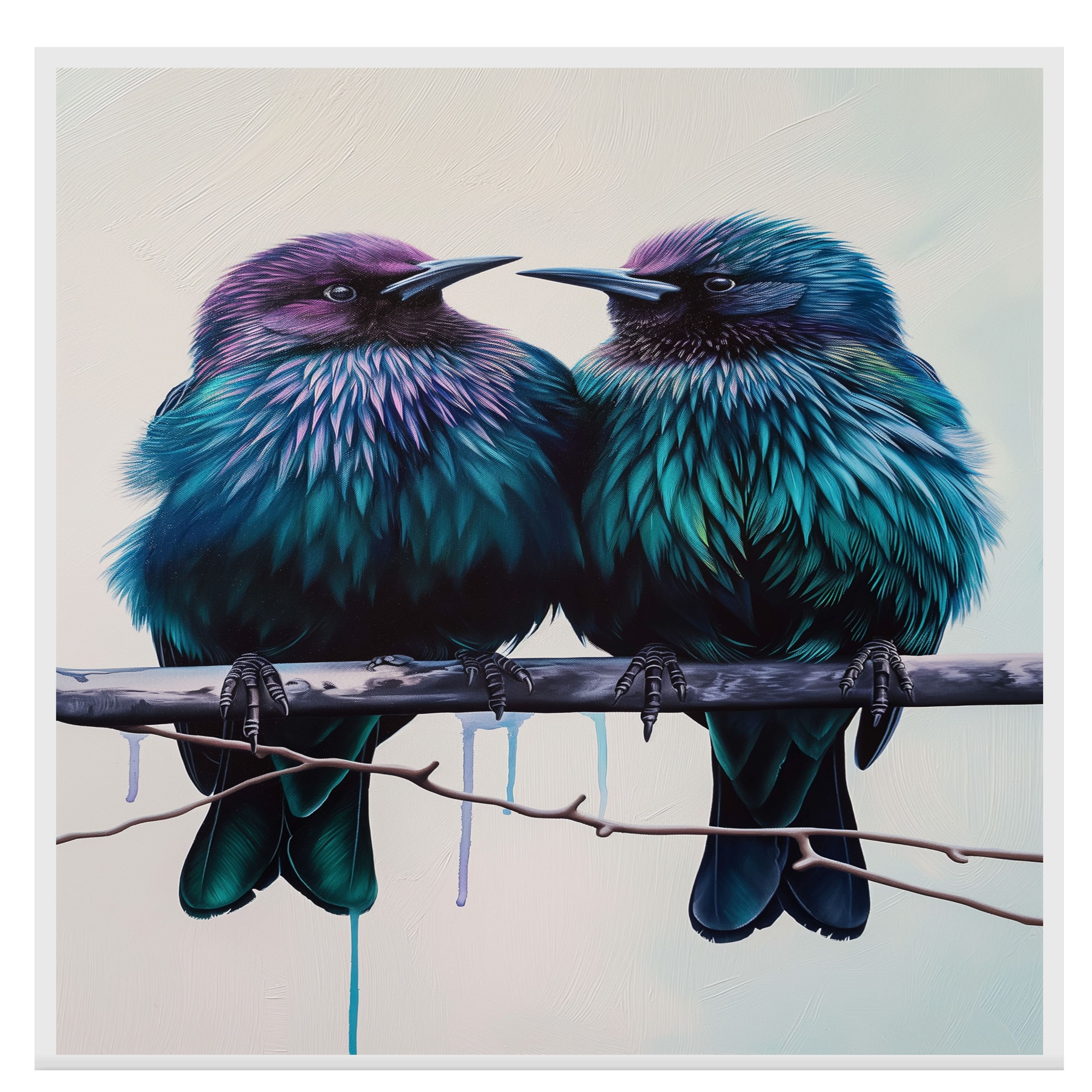 Teal and Purple Bird Pair Art on Backdrop Flat Rolled, Framed or Wrapped Canvas - Picture 16 of 19