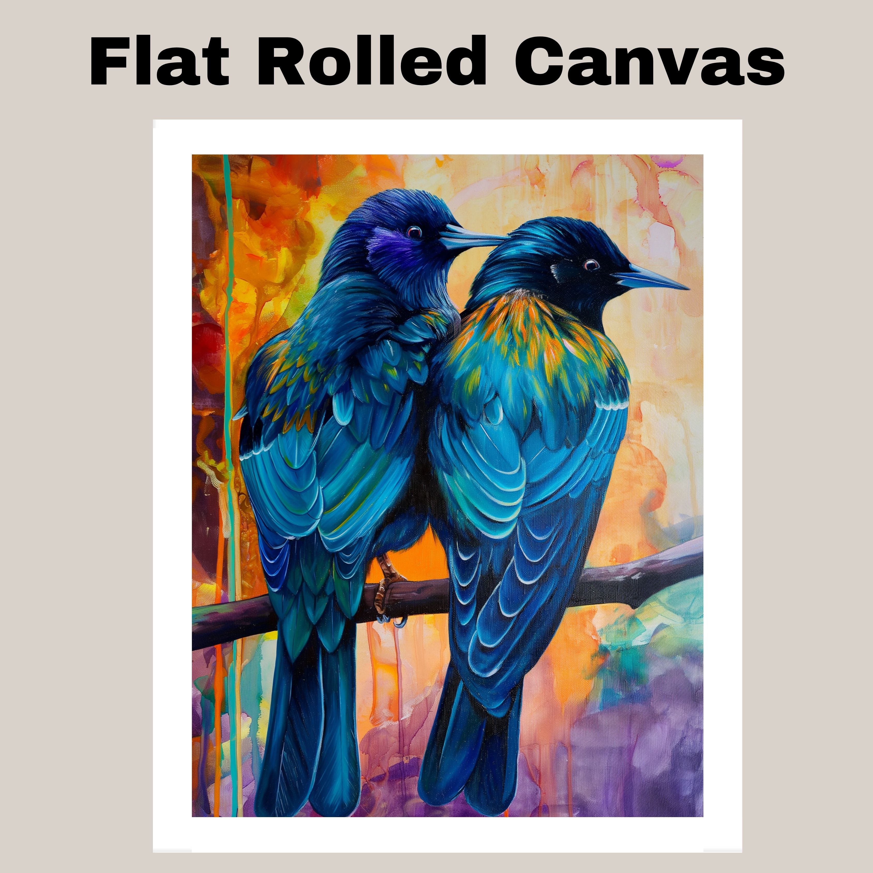 Blue and Teal Bird Pair Art with Backdrop Flat Rolled, Framed or Wrapped Canvas
