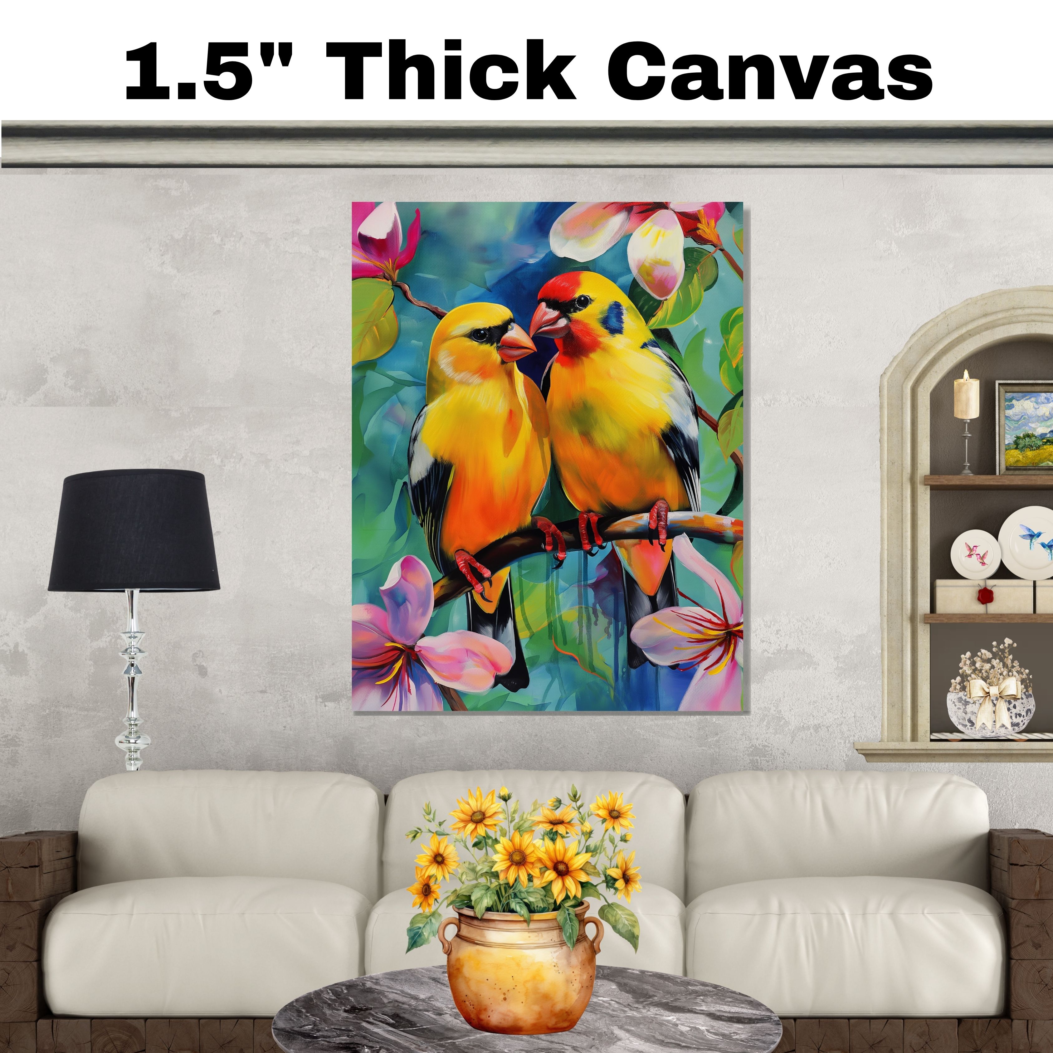 Yellow Bird Pair Art in Floral Background Flat Rolled, Framed or Wrapped Canvas - Picture 19 of 19