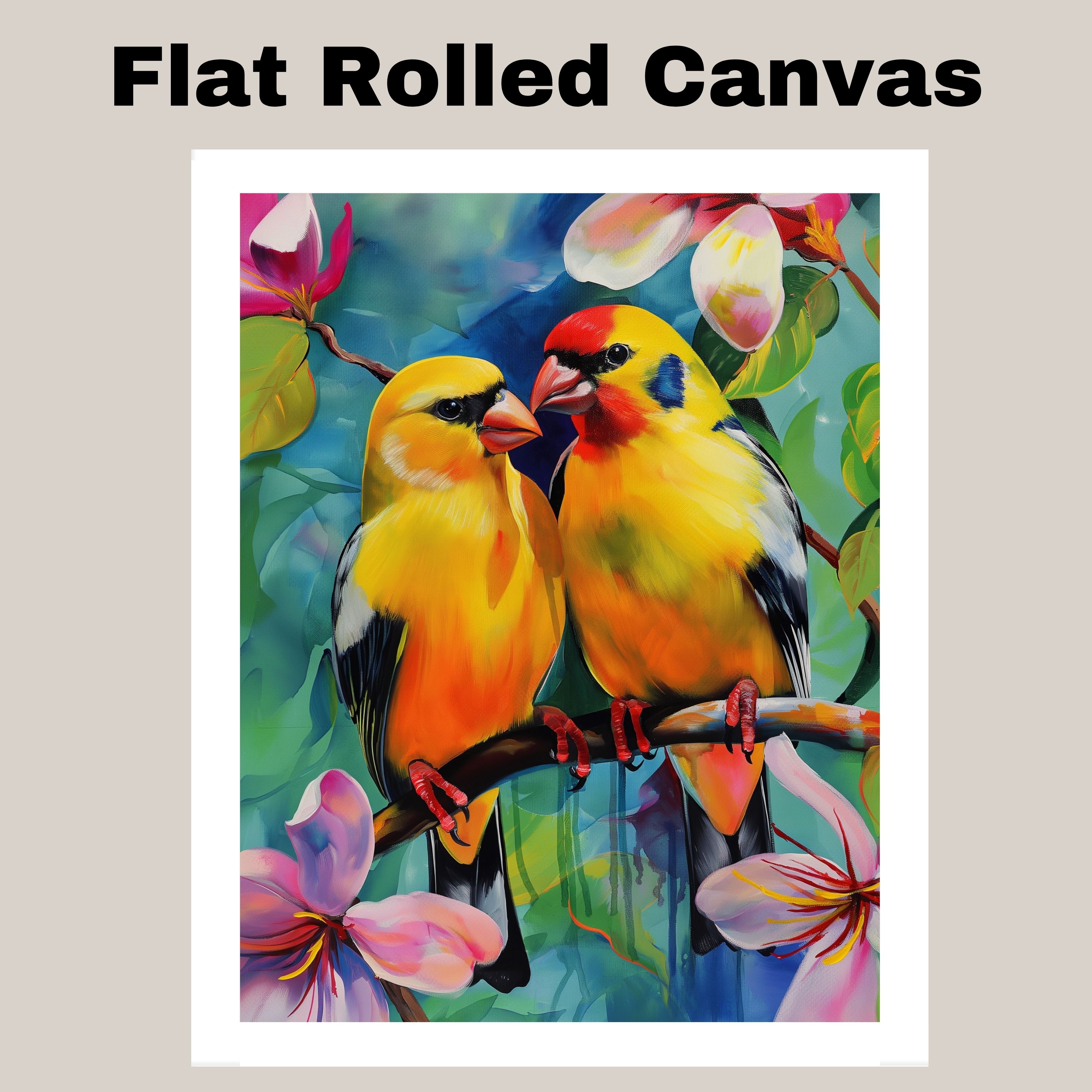 Yellow Bird Pair Art in Floral Background Flat Rolled, Framed or Wrapped Canvas - Picture 18 of 19