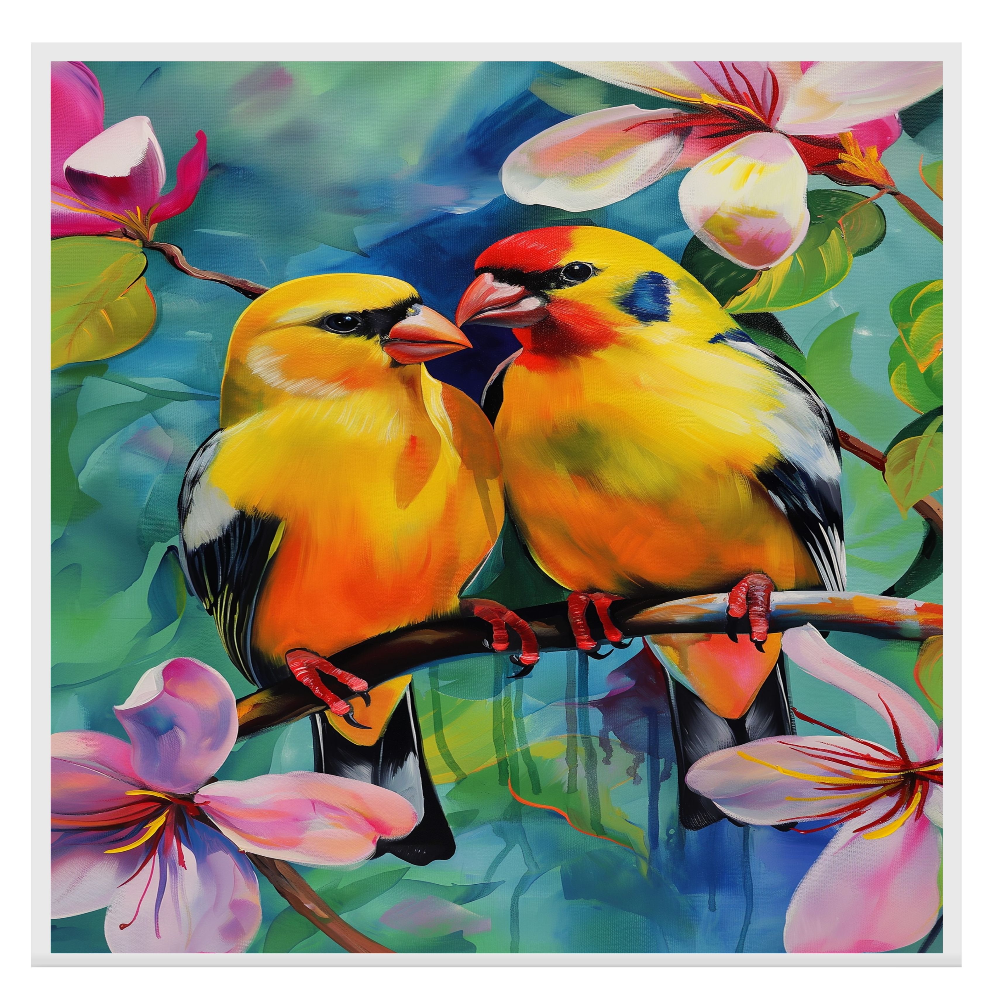 Yellow Bird Pair Art in Floral Background Flat Rolled, Framed or Wrapped Canvas - Picture 16 of 19